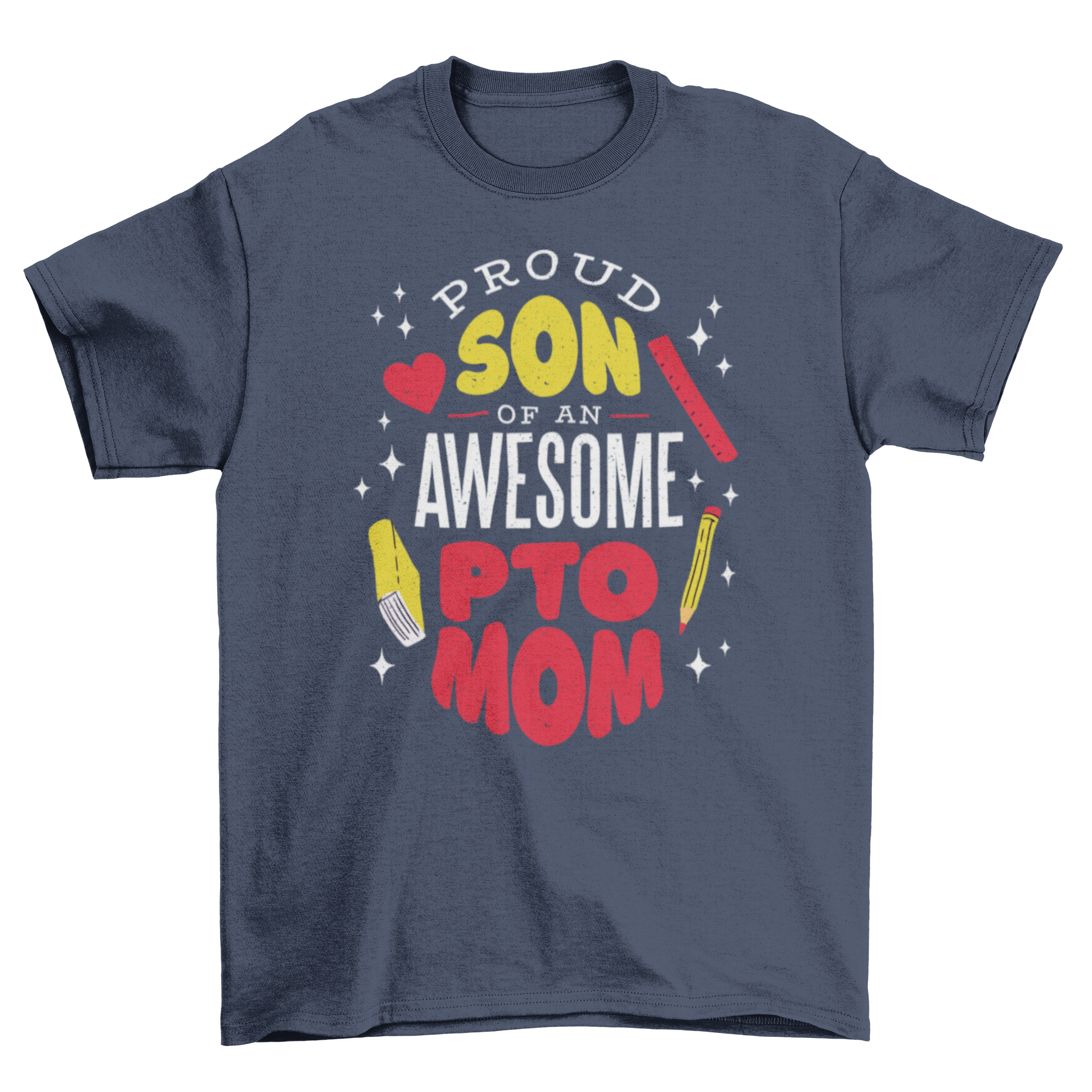 A stylish t-shirt featuring the quote 'Proud son of an awesome PTO mom' with colorful school supplies design.