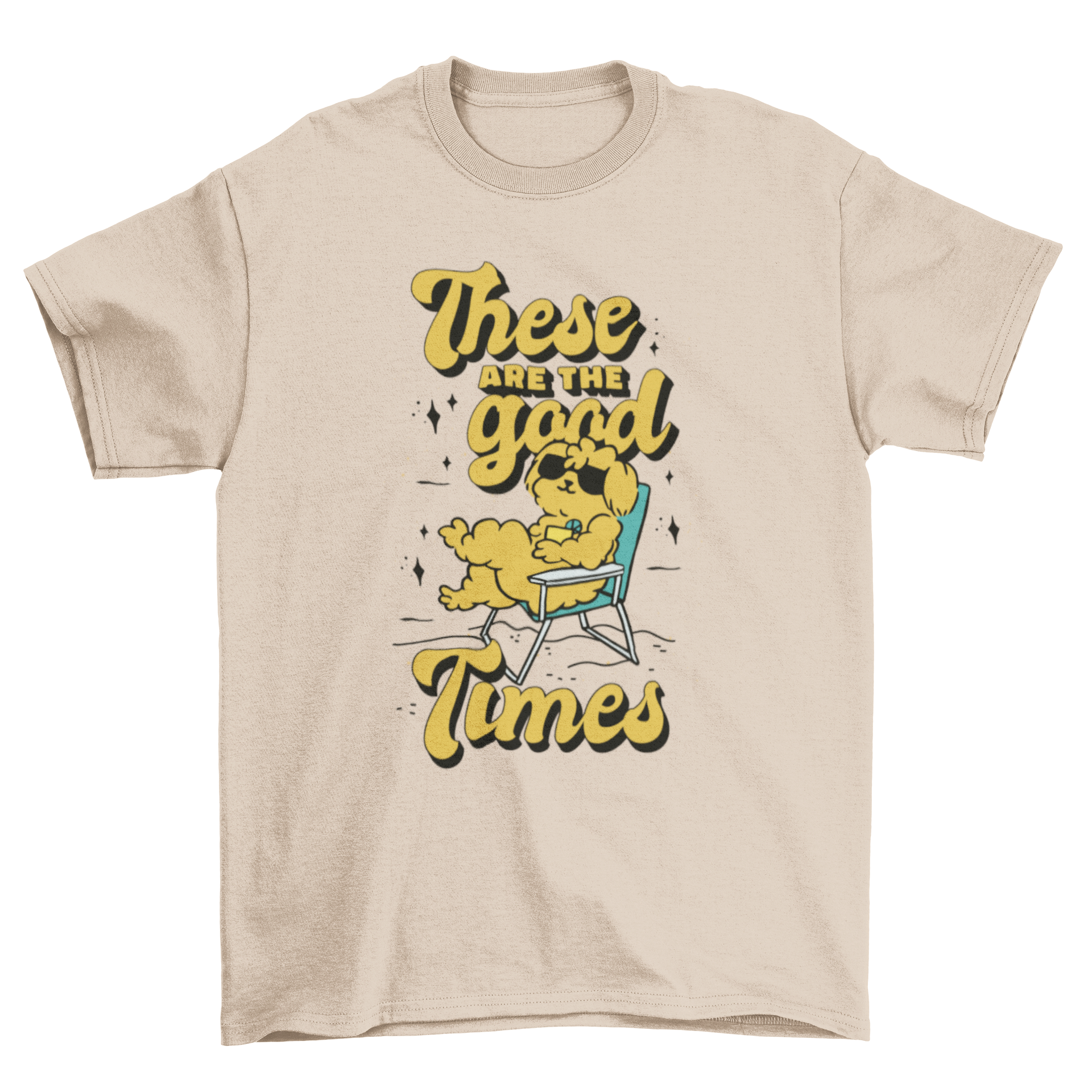 Puddle Dog Chilling T-Shirt featuring a dog in a beach chair with the quote 'These are the good times'.