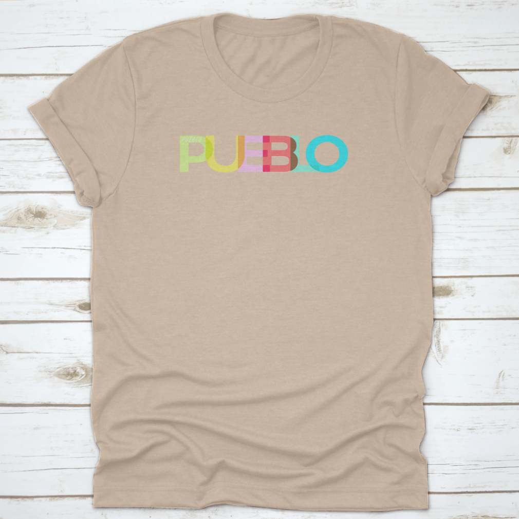 Pueblo t-shirt featuring the name of the city on a white background, showcasing its classic fit and quality fabric.