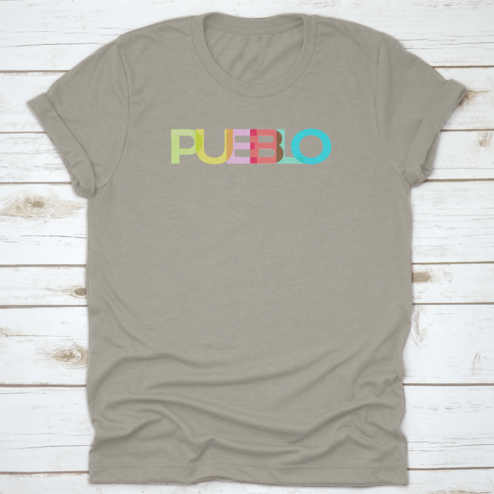 Pueblo t-shirt featuring the name of the city on a white background, showcasing its classic fit and quality fabric.