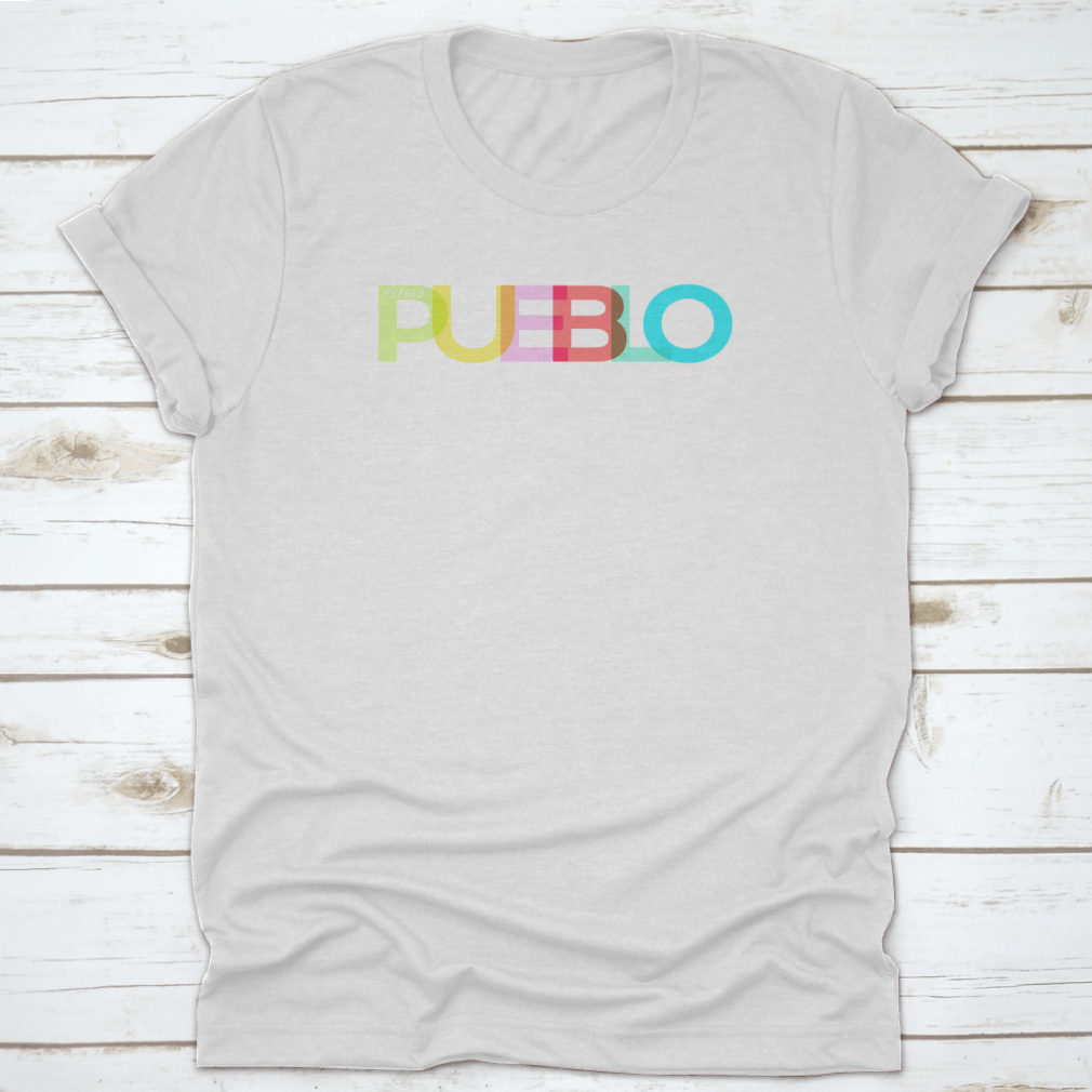 Pueblo t-shirt featuring the name of the city on a white background, showcasing its classic fit and quality fabric.