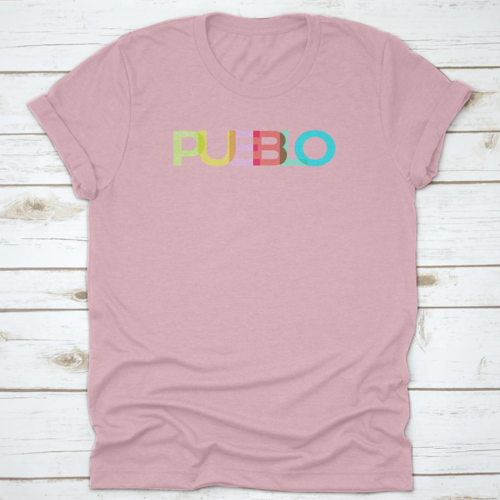 Pueblo t-shirt featuring the name of the city on a white background, showcasing its classic fit and quality fabric.