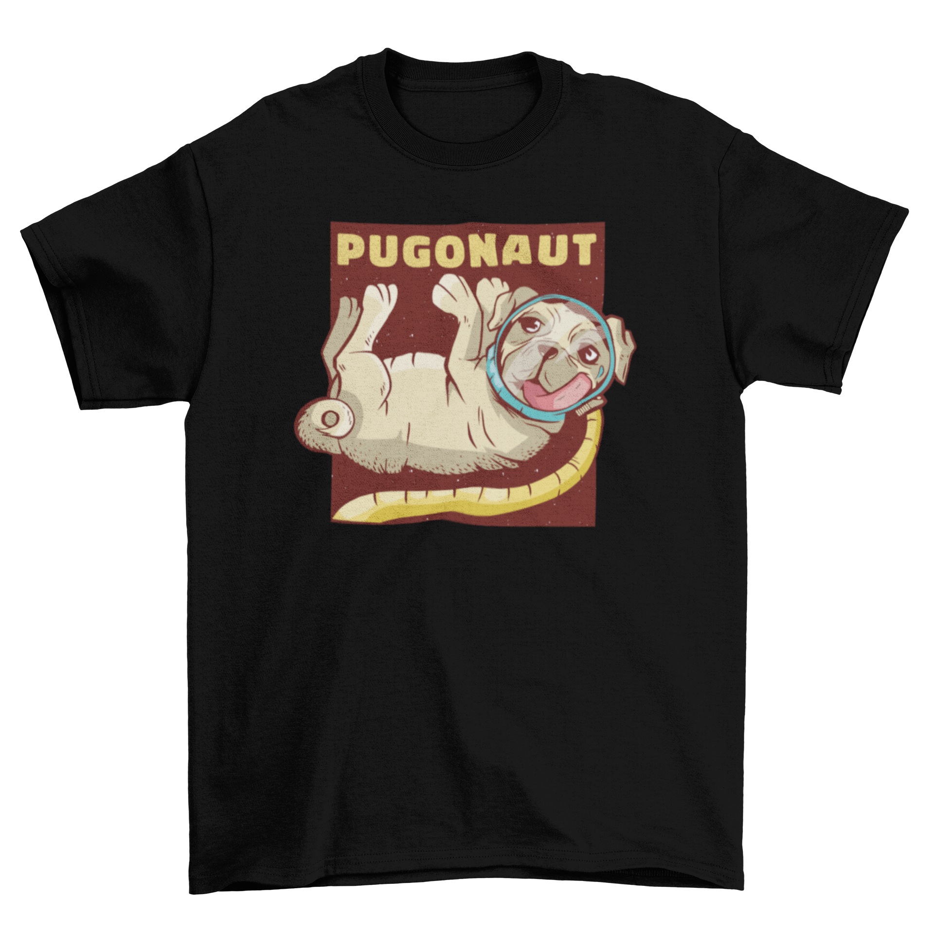 A cute t-shirt featuring a pug dressed as an astronaut with the word PUGONAUT.