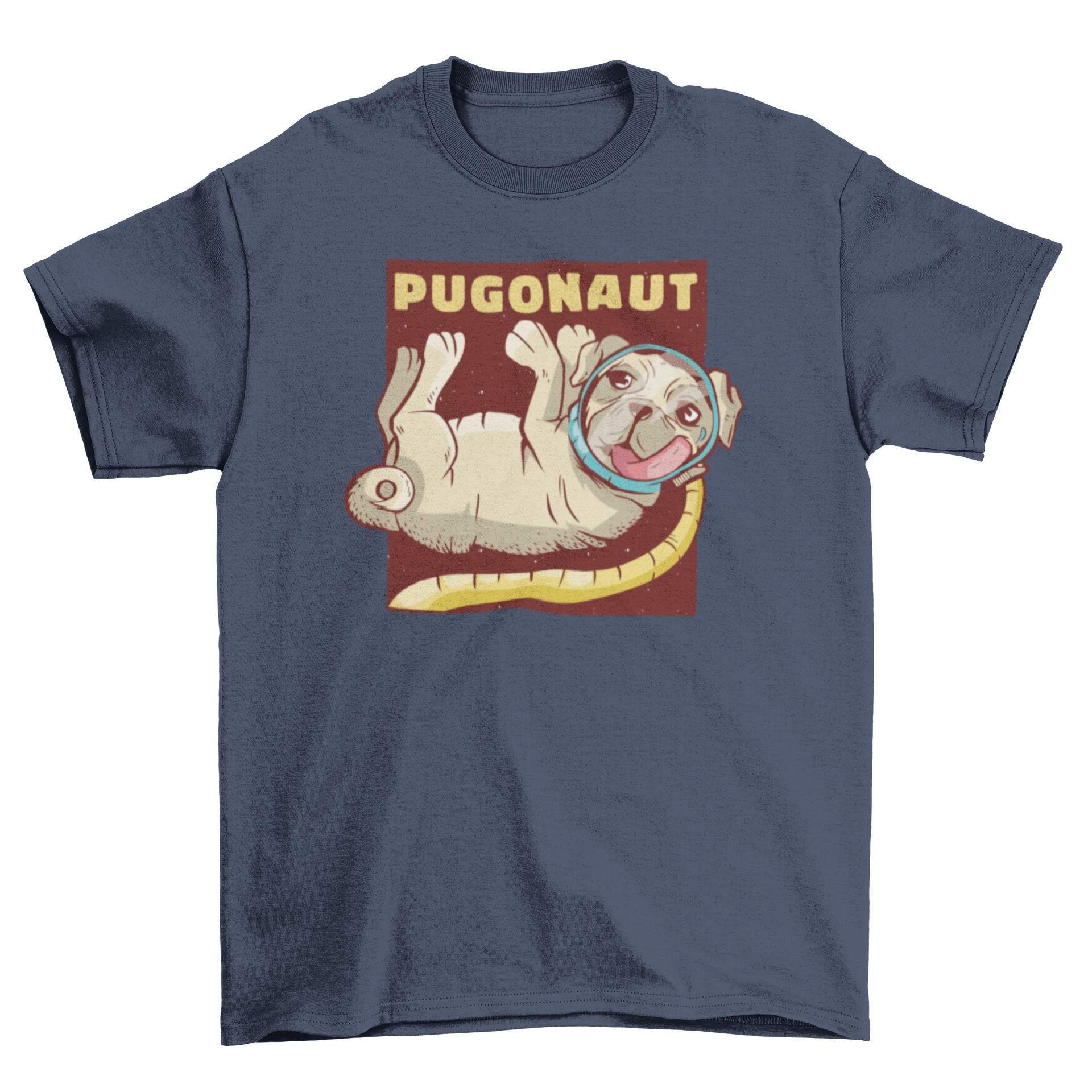 A cute t-shirt featuring a pug dressed as an astronaut with the word PUGONAUT.