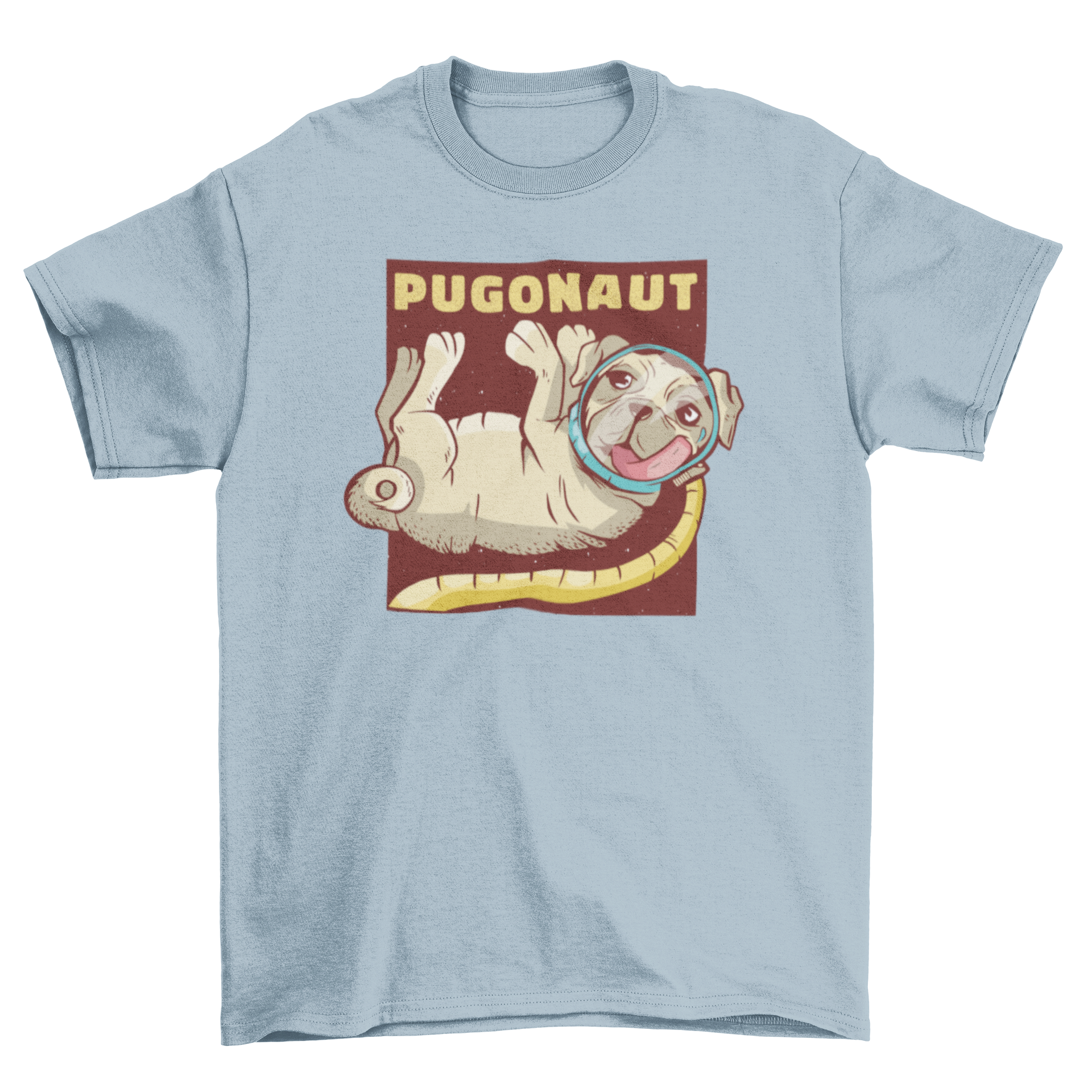 A cute t-shirt featuring a pug dressed as an astronaut with the word PUGONAUT.