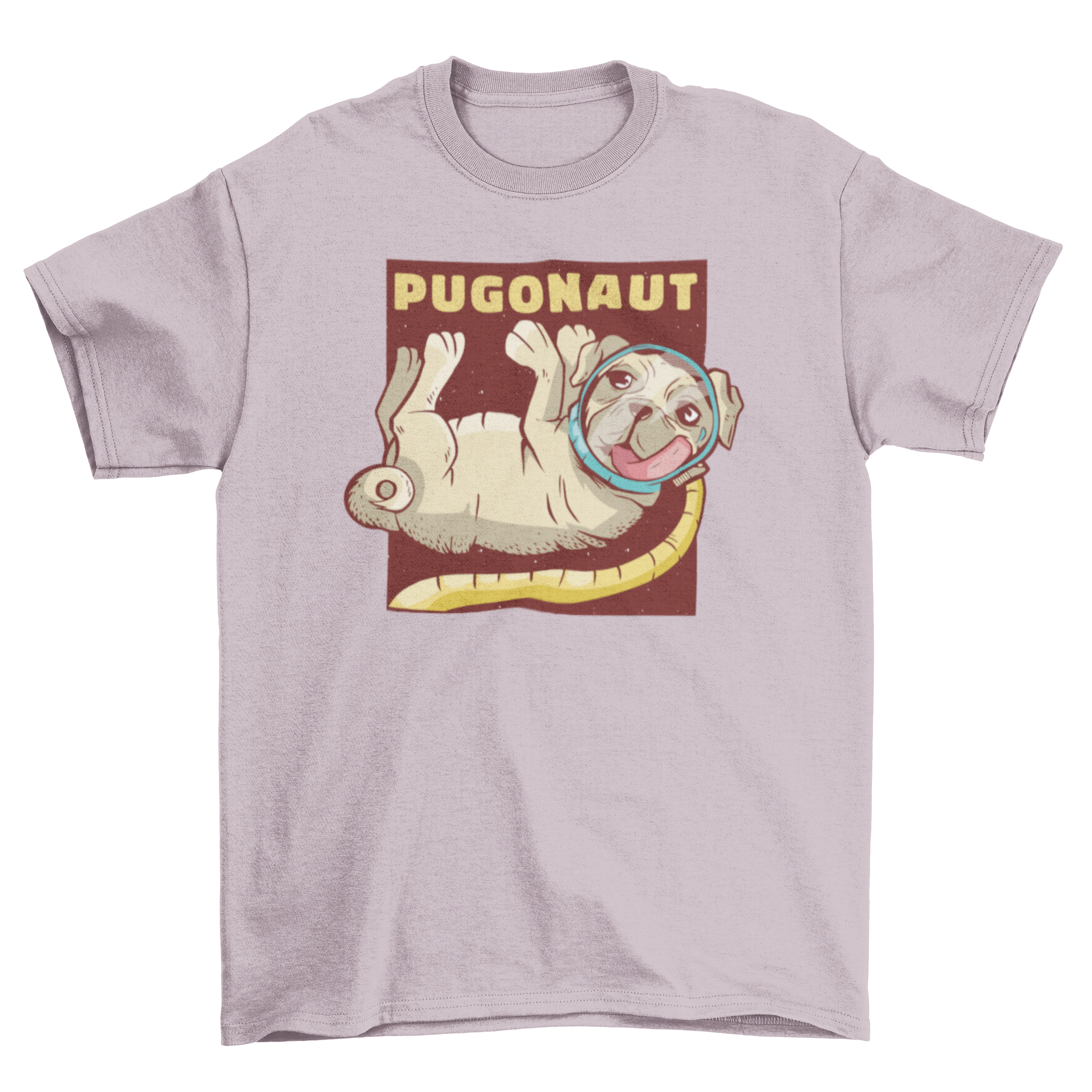 A cute t-shirt featuring a pug dressed as an astronaut with the word PUGONAUT.