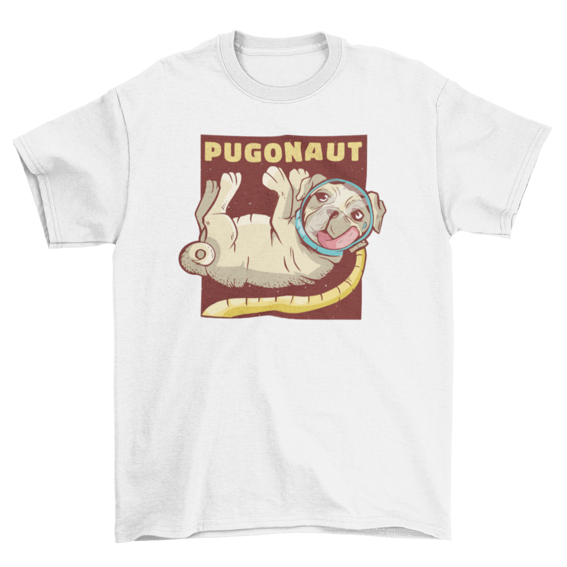 A cute t-shirt featuring a pug dressed as an astronaut with the word PUGONAUT.