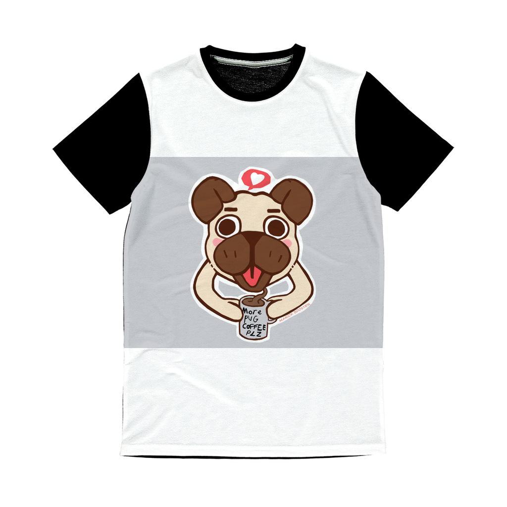 Pug Classic Sublimation Panel T-Shirt featuring vibrant sublimation print on the front and plain black back, showcasing a stylish crew neck design.