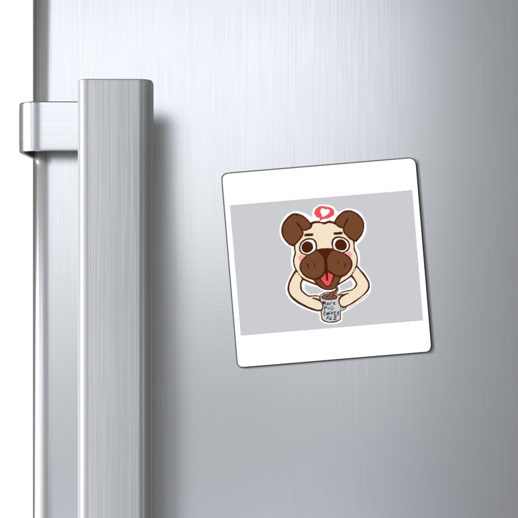 A set of Pug Coffee Magnets featuring cute pug designs, showcasing their strong hold and stylish black backing.