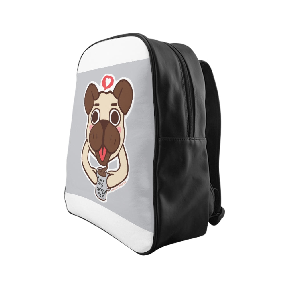 Pug Coffee School Backpack featuring a unique pug coffee print, padded back, and multiple inside pockets, made from durable PU leather.