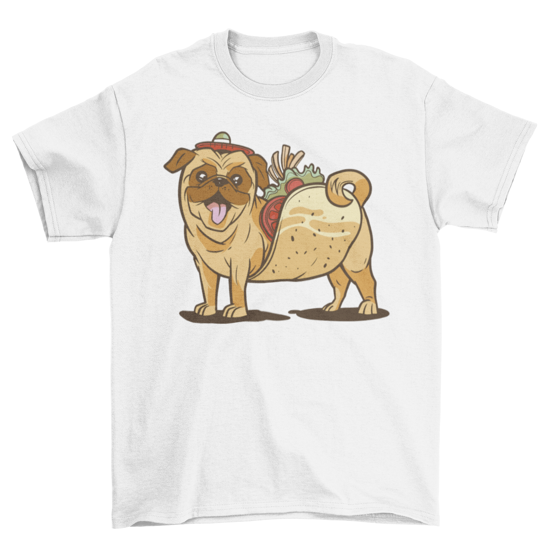 A colorful cartoon t-shirt featuring a pug dog designed as a taco, showcasing a playful and humorous style.