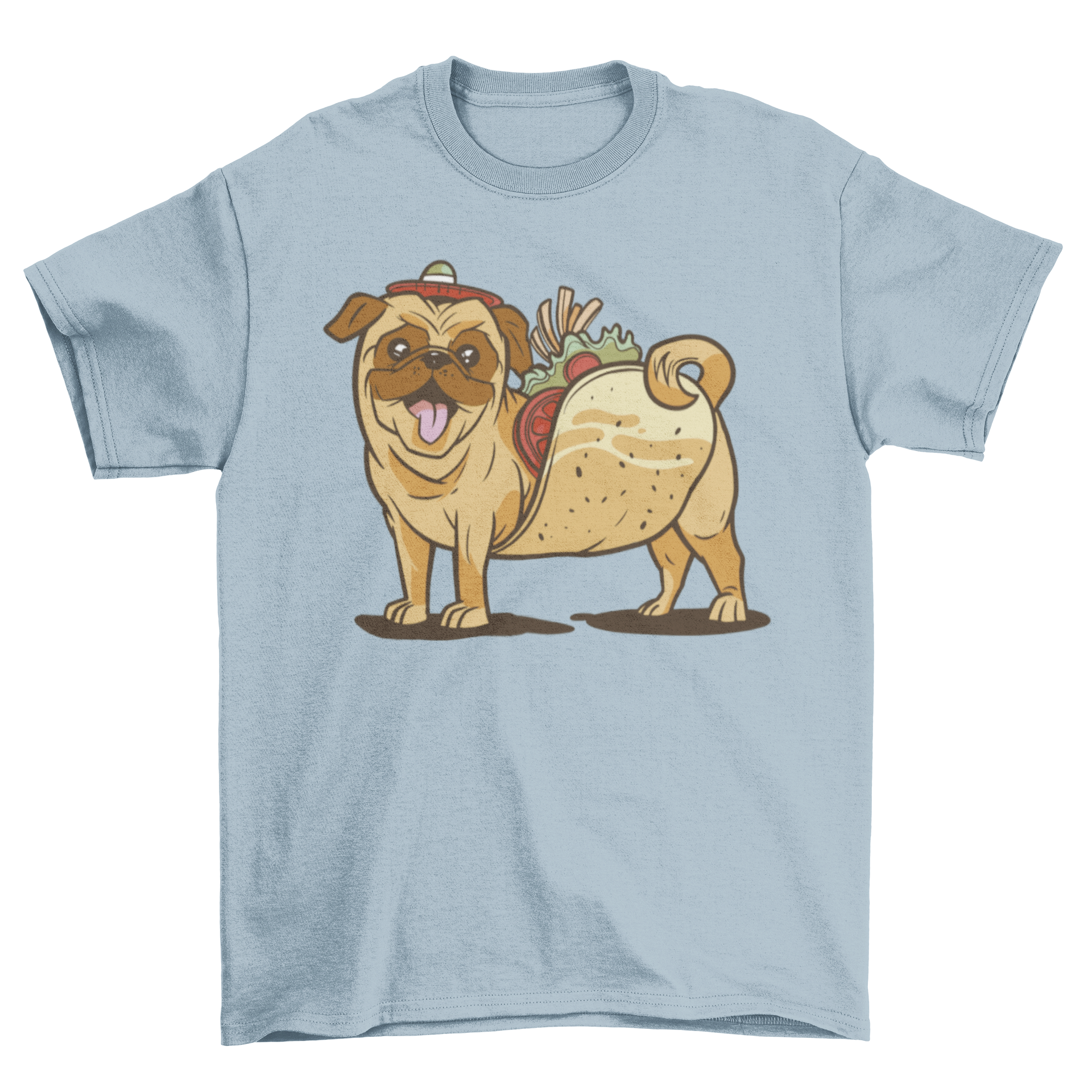 A colorful cartoon t-shirt featuring a pug dog designed as a taco, showcasing a playful and humorous style.