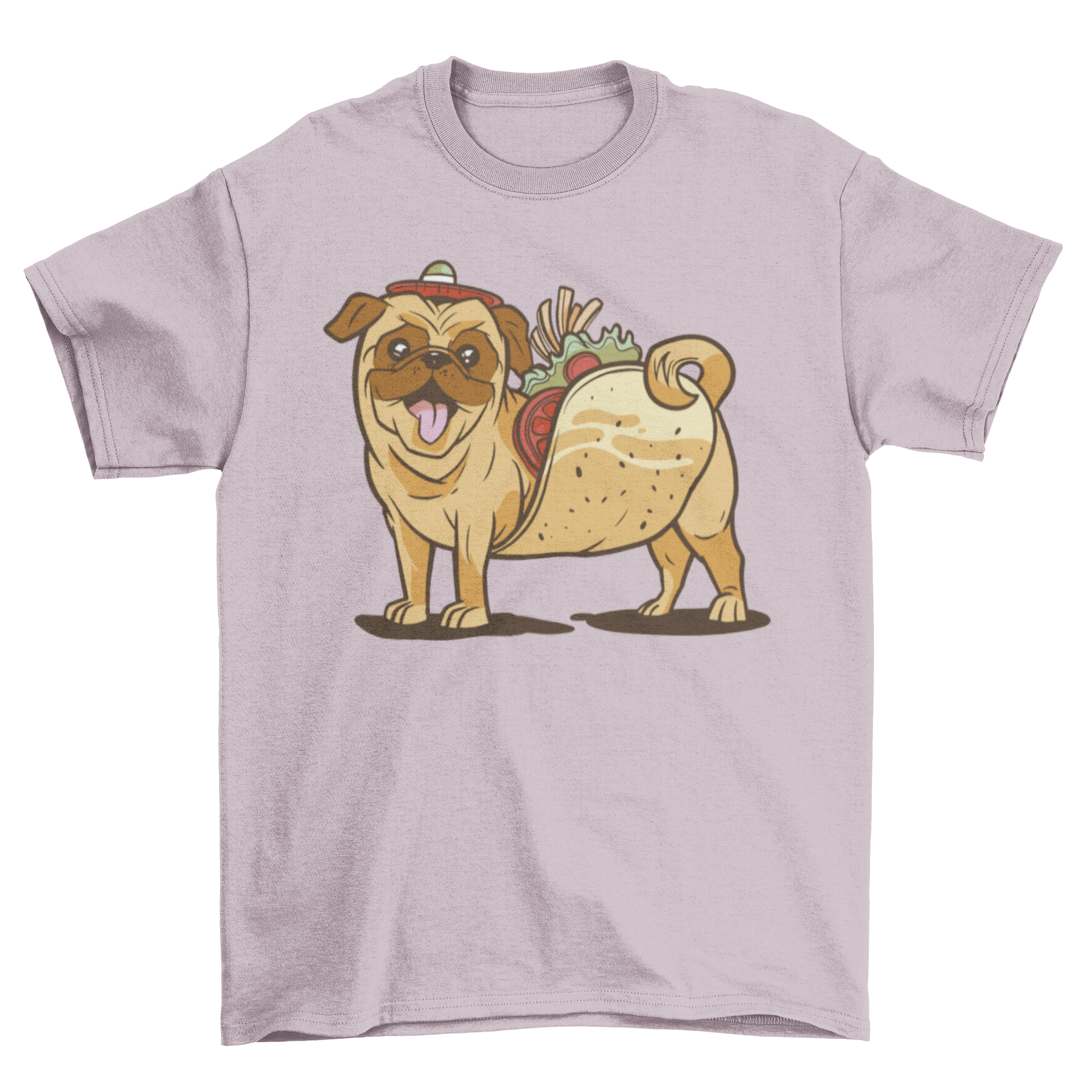 A colorful cartoon t-shirt featuring a pug dog designed as a taco, showcasing a playful and humorous style.