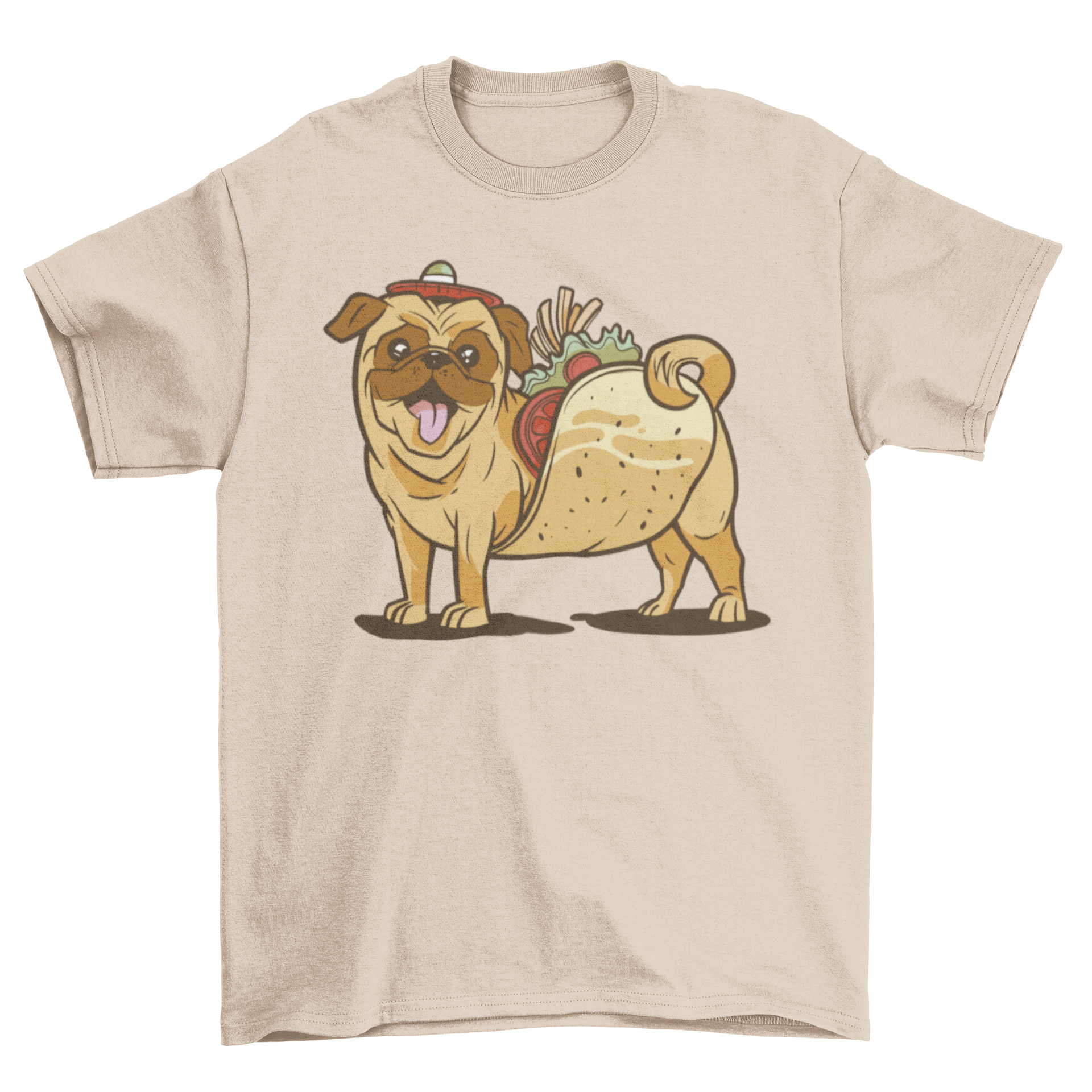 A colorful cartoon t-shirt featuring a pug dog designed as a taco, showcasing a playful and humorous style.