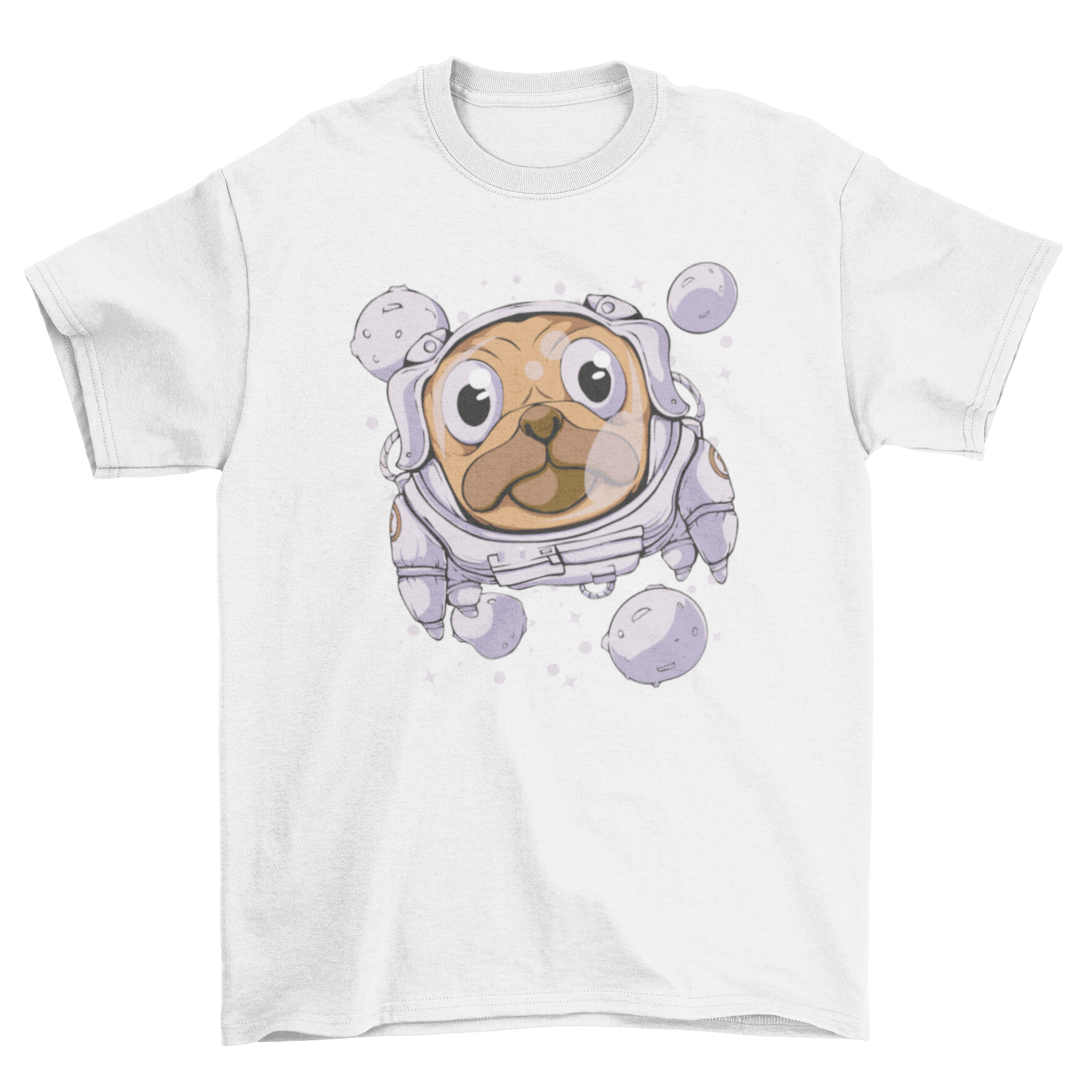 A cute pug dog dressed as an astronaut floating in space, featured on a t-shirt.