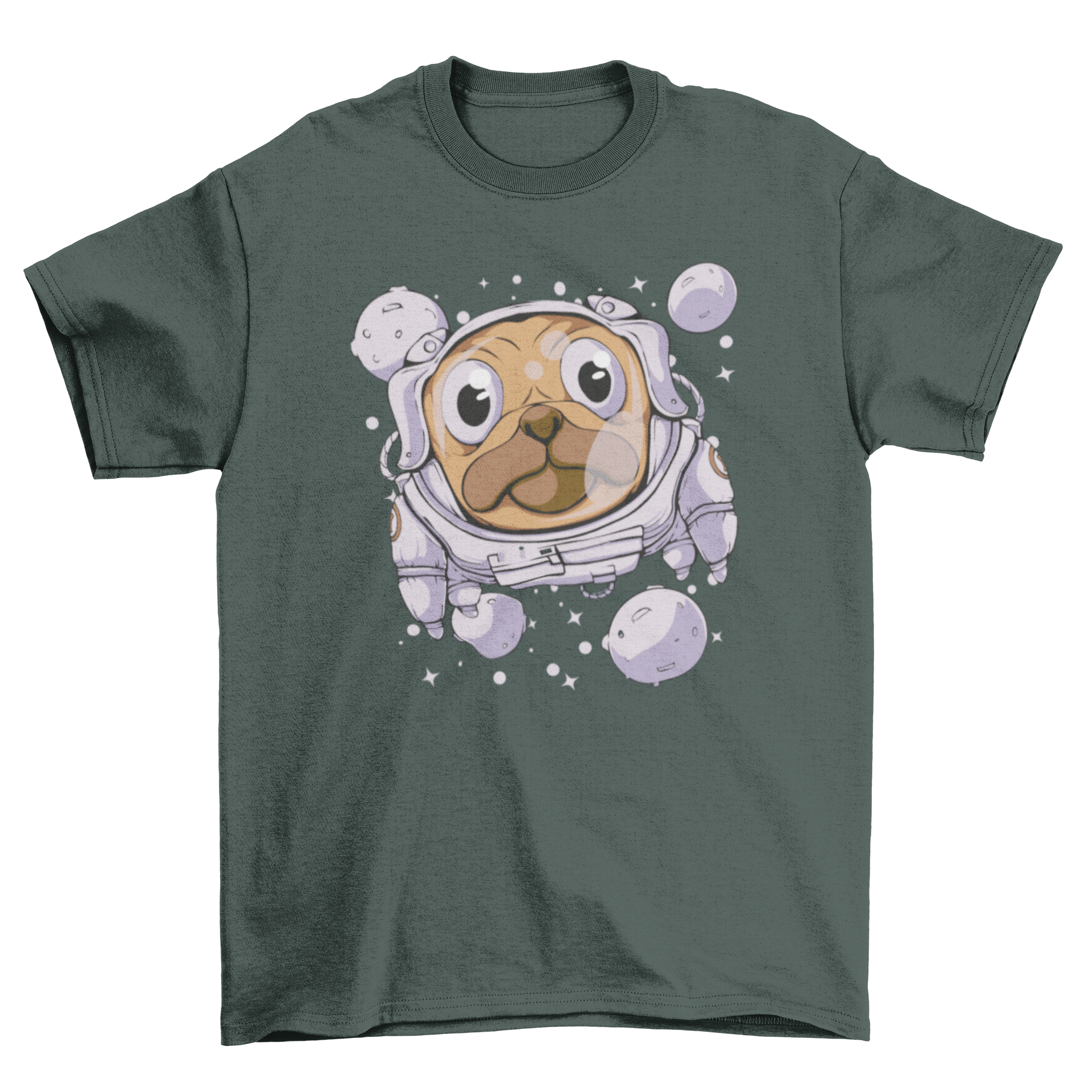 A cute pug dog dressed as an astronaut floating in space, featured on a t-shirt.