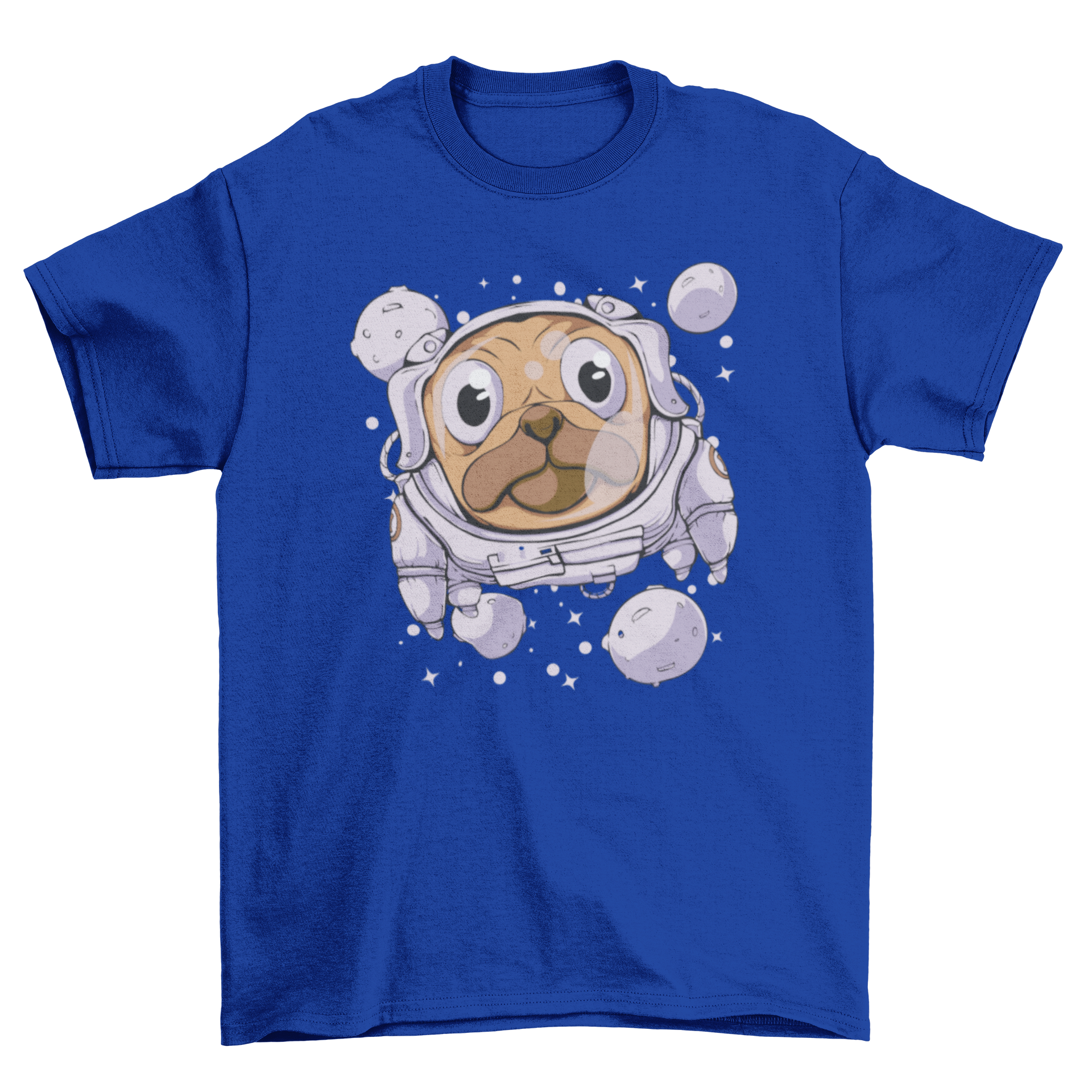 A cute pug dog dressed as an astronaut floating in space, featured on a t-shirt.