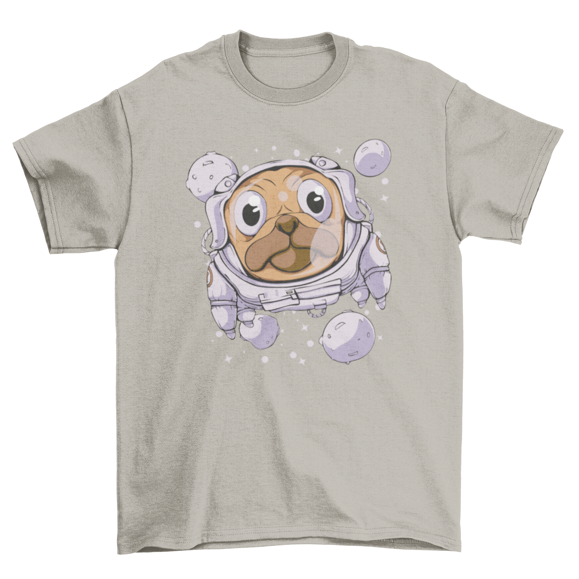 A cute pug dog dressed as an astronaut floating in space, featured on a t-shirt.