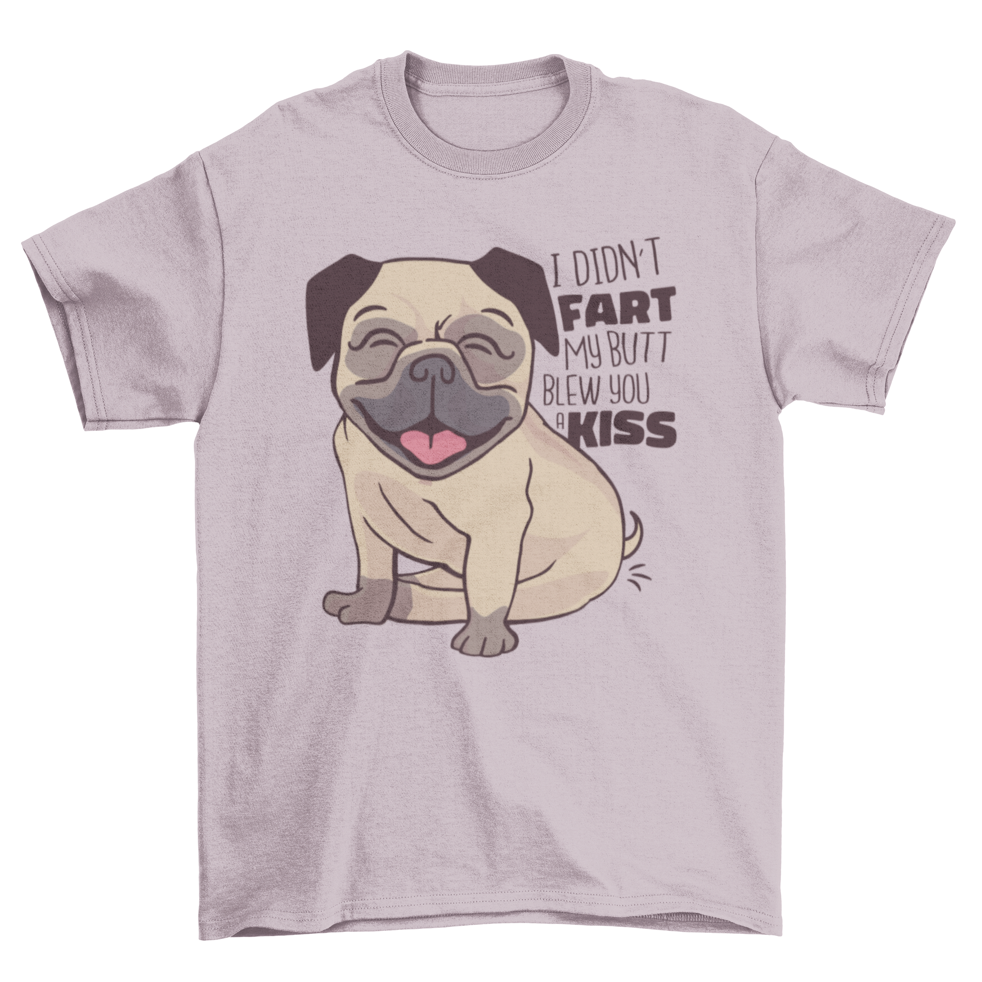 A humorous Pug Kiss T-shirt featuring a happy pug and a funny quote about kisses.