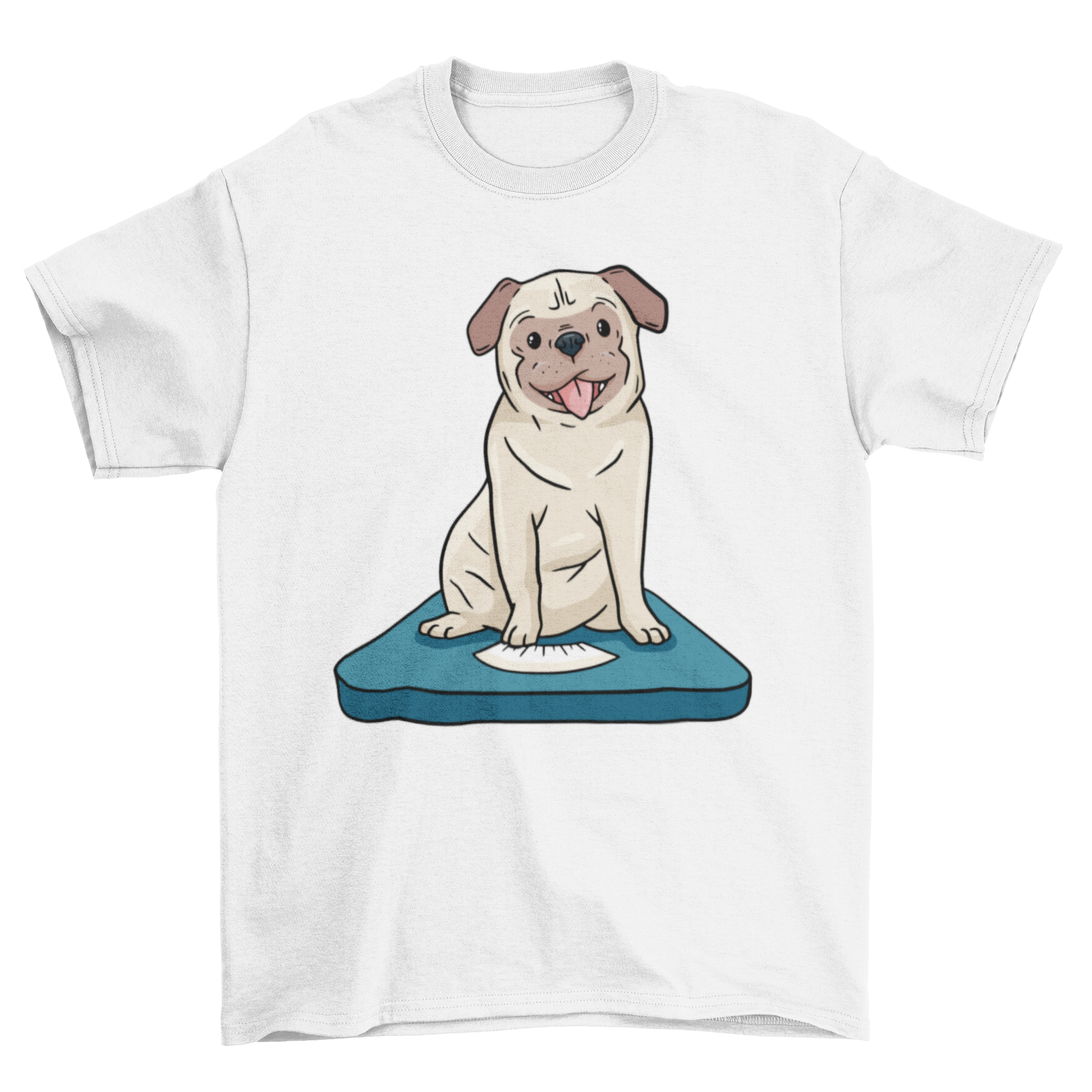 A stylish T-shirt featuring a cute pug dog sitting on a weight scale, perfect for dog lovers.