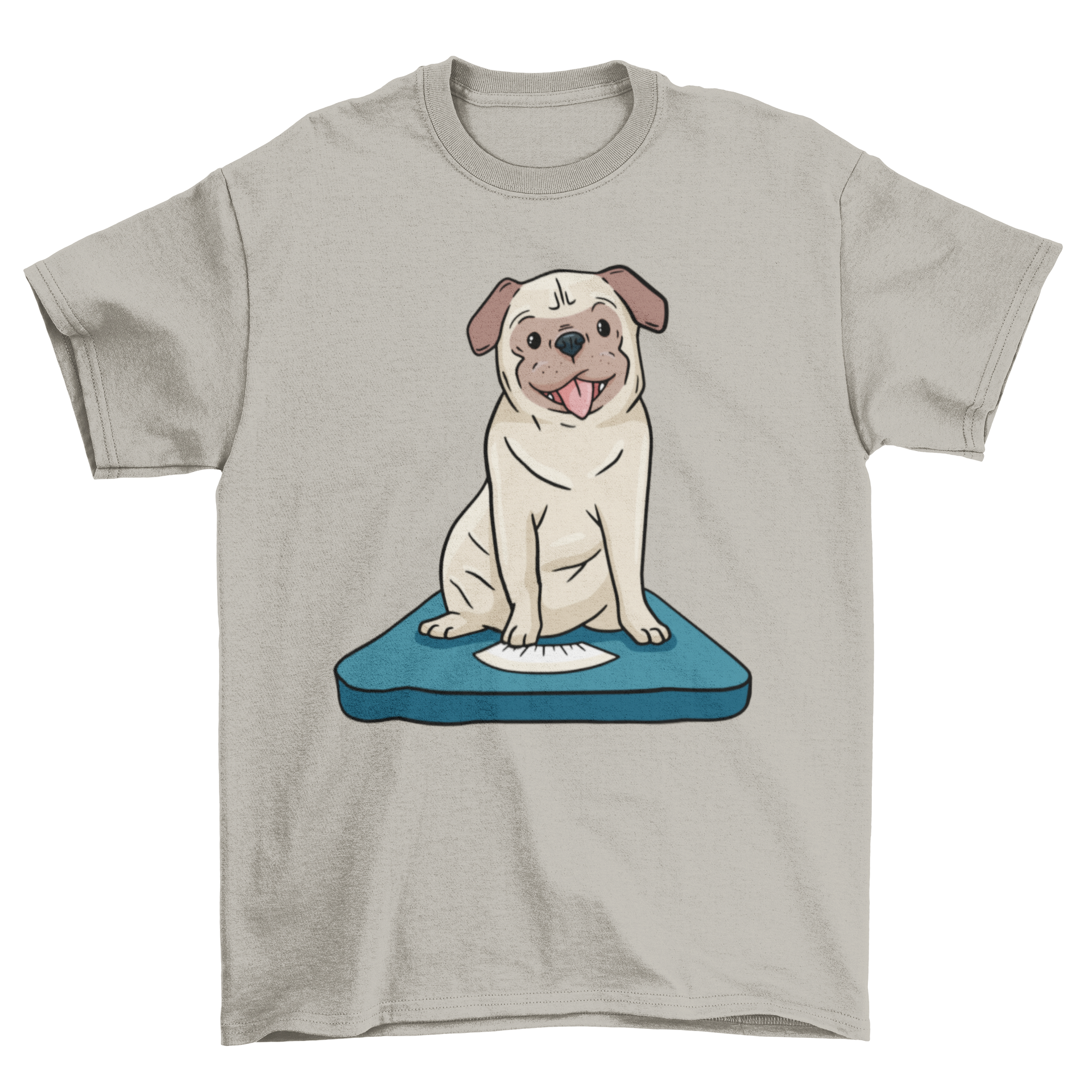 A stylish T-shirt featuring a cute pug dog sitting on a weight scale, perfect for dog lovers.