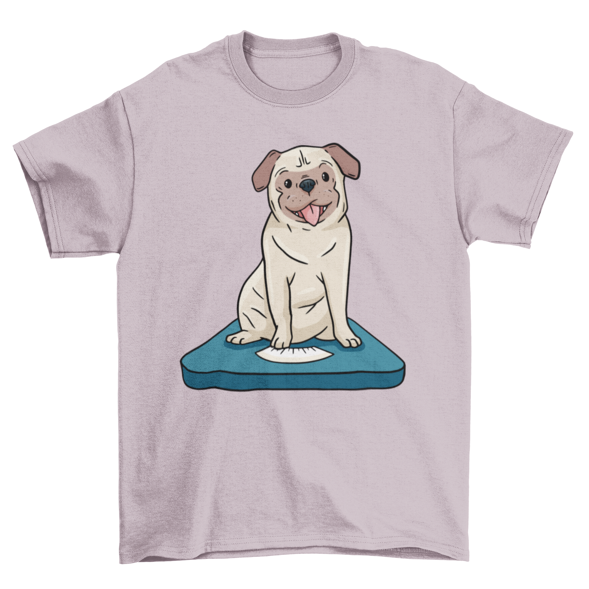 A stylish T-shirt featuring a cute pug dog sitting on a weight scale, perfect for dog lovers.