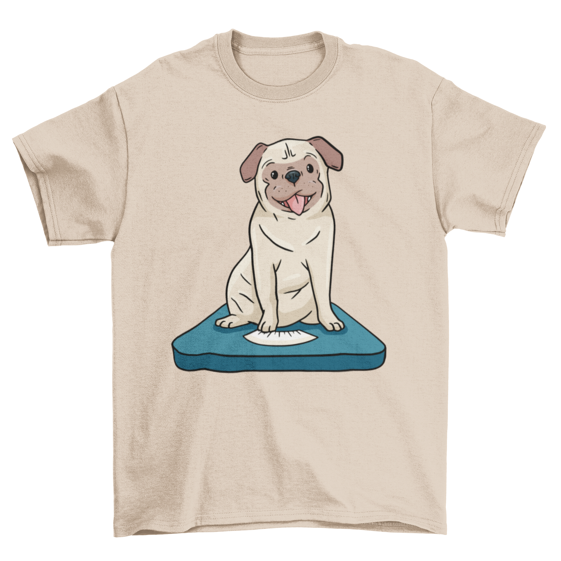 A stylish T-shirt featuring a cute pug dog sitting on a weight scale, perfect for dog lovers.