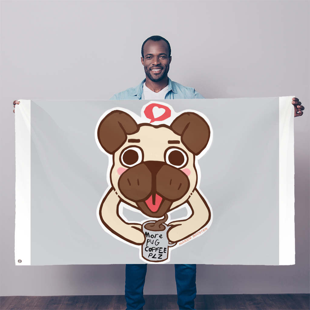 A vibrant Pug Sublimation Flag measuring 5FT x 3FT, made of durable polyester with double-stitched edges and eyelets for easy hanging.