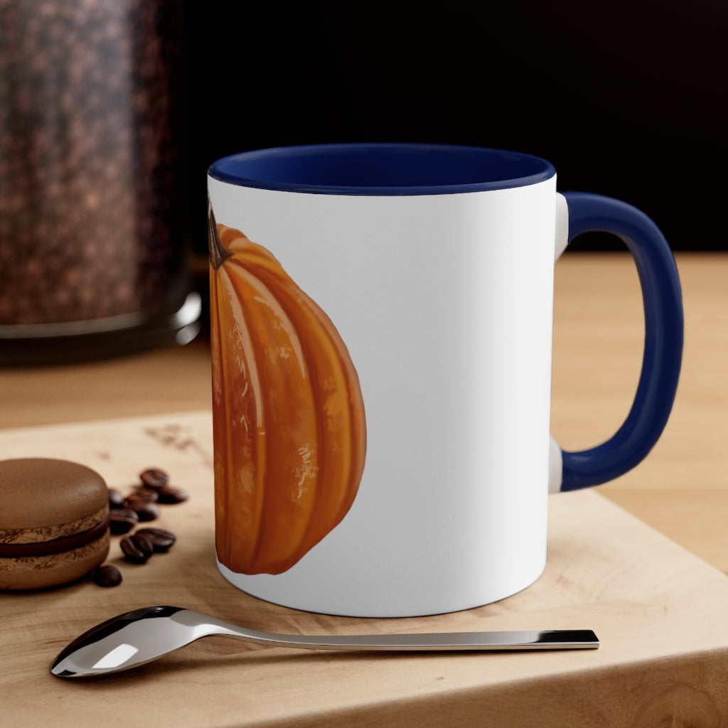 A vibrant pumpkin accent coffee mug with a white ceramic exterior and a contrasting pumpkin-colored interior and handle, perfect for coffee lovers.