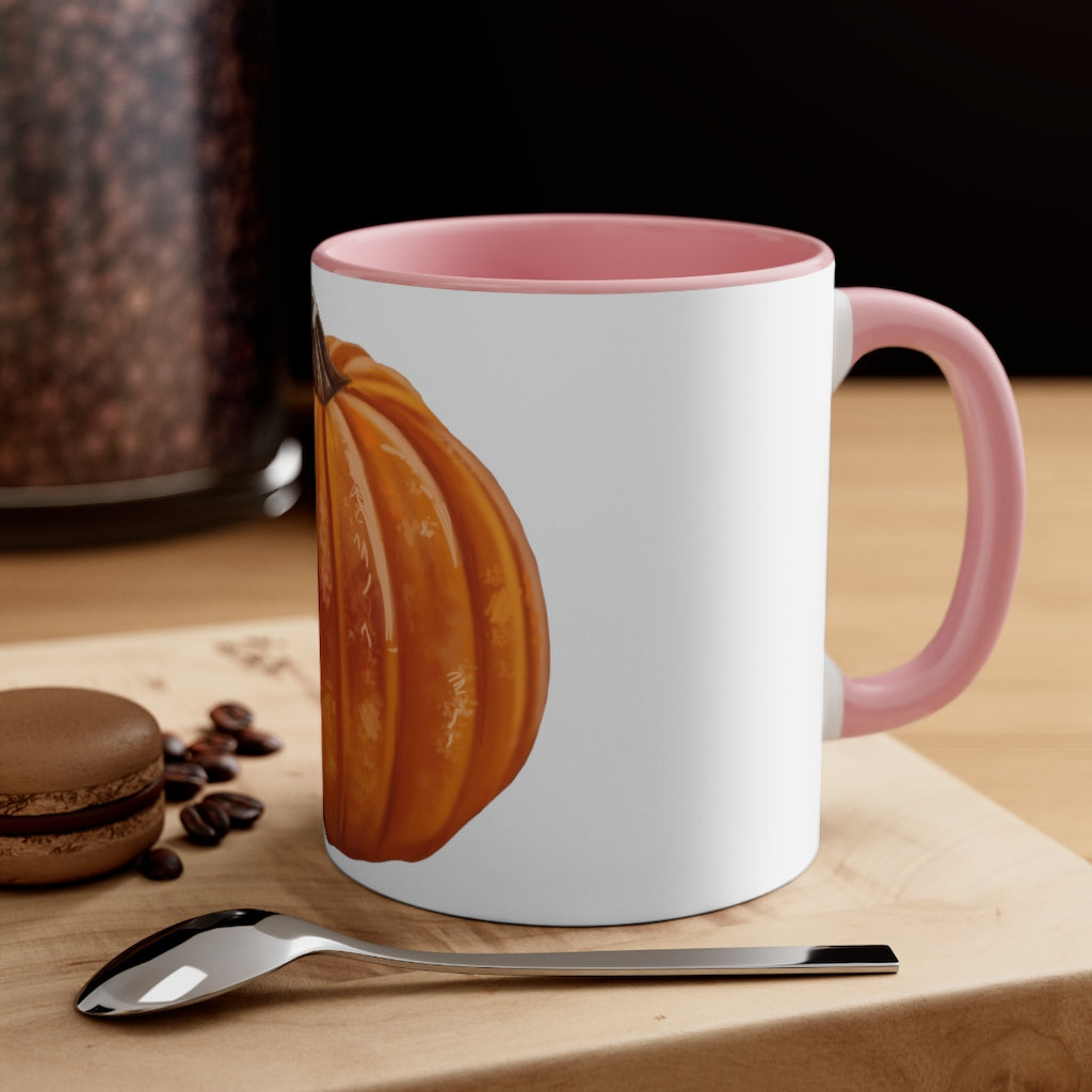 A vibrant pumpkin accent coffee mug with a white ceramic exterior and a contrasting pumpkin-colored interior and handle, perfect for coffee lovers.