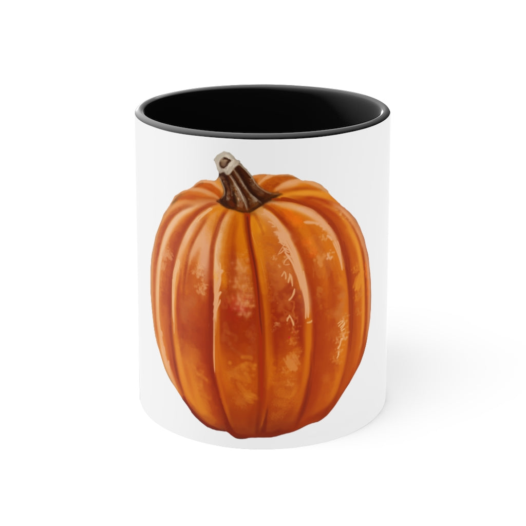 A vibrant pumpkin accent coffee mug with a white ceramic exterior and a contrasting pumpkin-colored interior and handle, perfect for coffee lovers.