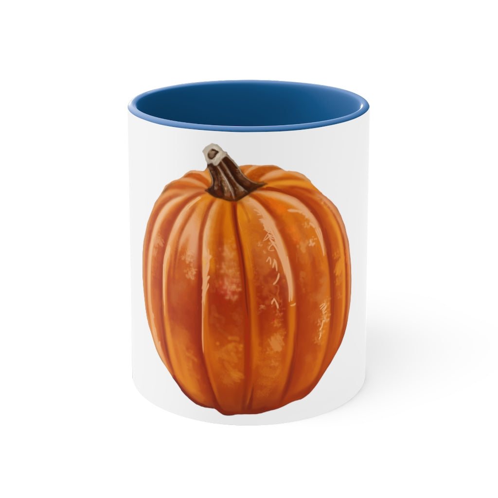 A vibrant pumpkin accent coffee mug with a white ceramic exterior and a contrasting pumpkin-colored interior and handle, perfect for coffee lovers.