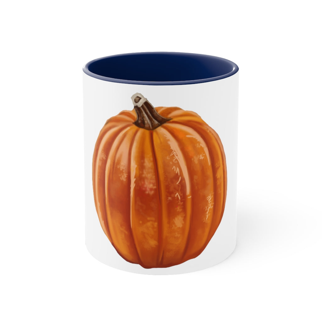 A vibrant pumpkin accent coffee mug with a white ceramic exterior and a contrasting pumpkin-colored interior and handle, perfect for coffee lovers.