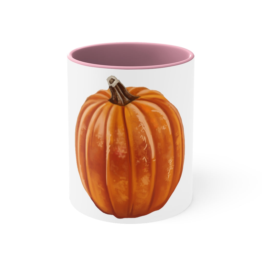 A vibrant pumpkin accent coffee mug with a white ceramic exterior and a contrasting pumpkin-colored interior and handle, perfect for coffee lovers.