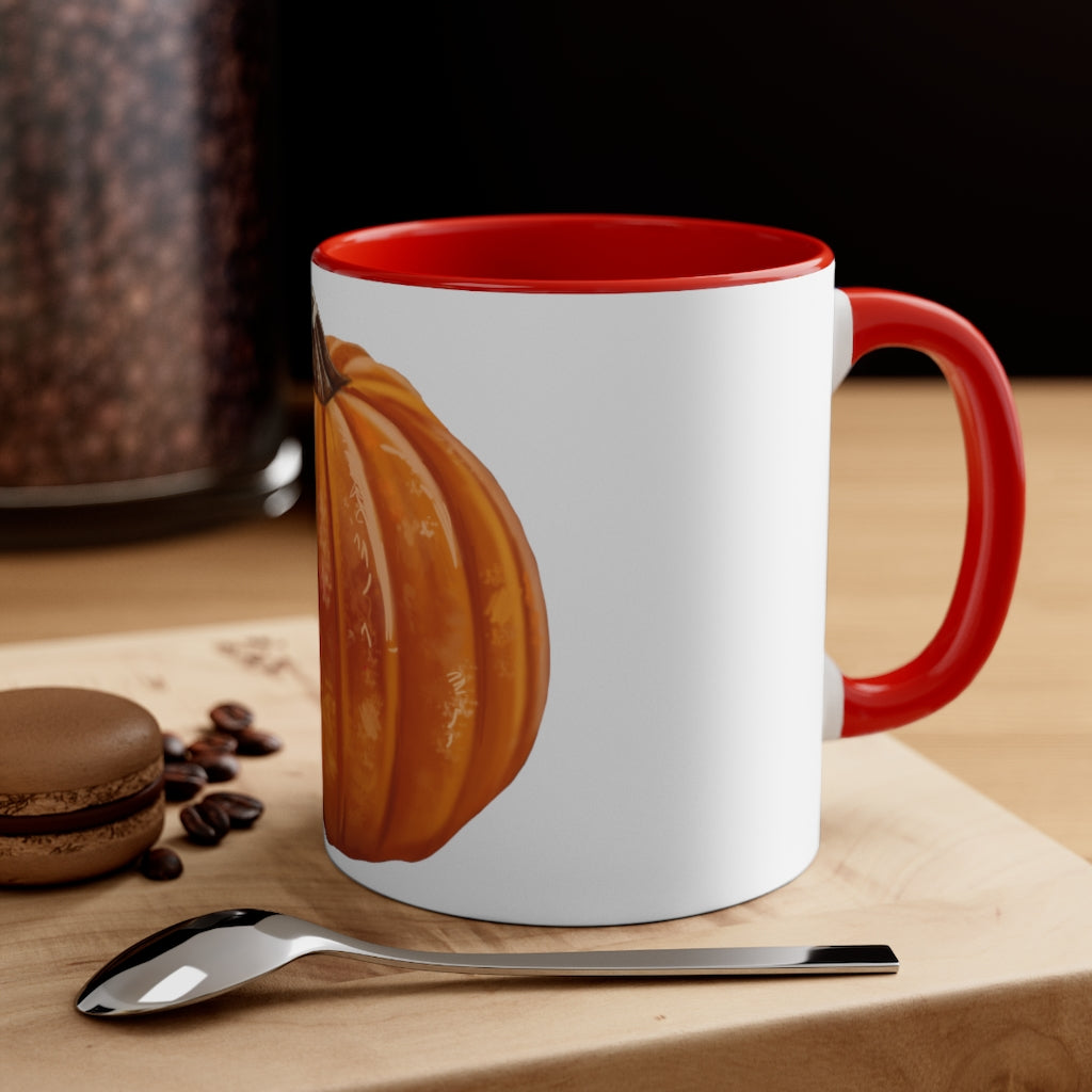 A vibrant pumpkin accent coffee mug with a white ceramic exterior and a contrasting pumpkin-colored interior and handle, perfect for coffee lovers.