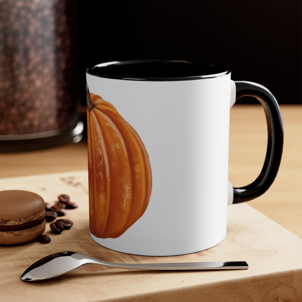 A vibrant pumpkin accent coffee mug with a white ceramic exterior and a contrasting pumpkin-colored interior and handle, perfect for coffee lovers.