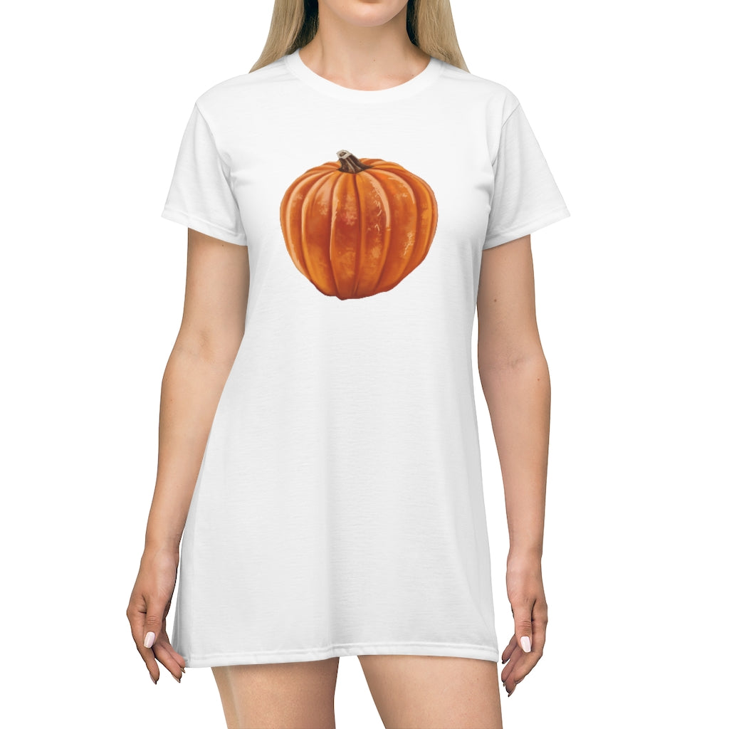 A stylish Pumpkin All Over Print T-Shirt Dress featuring a vibrant pumpkin design, perfect for casual outings and autumn festivities.