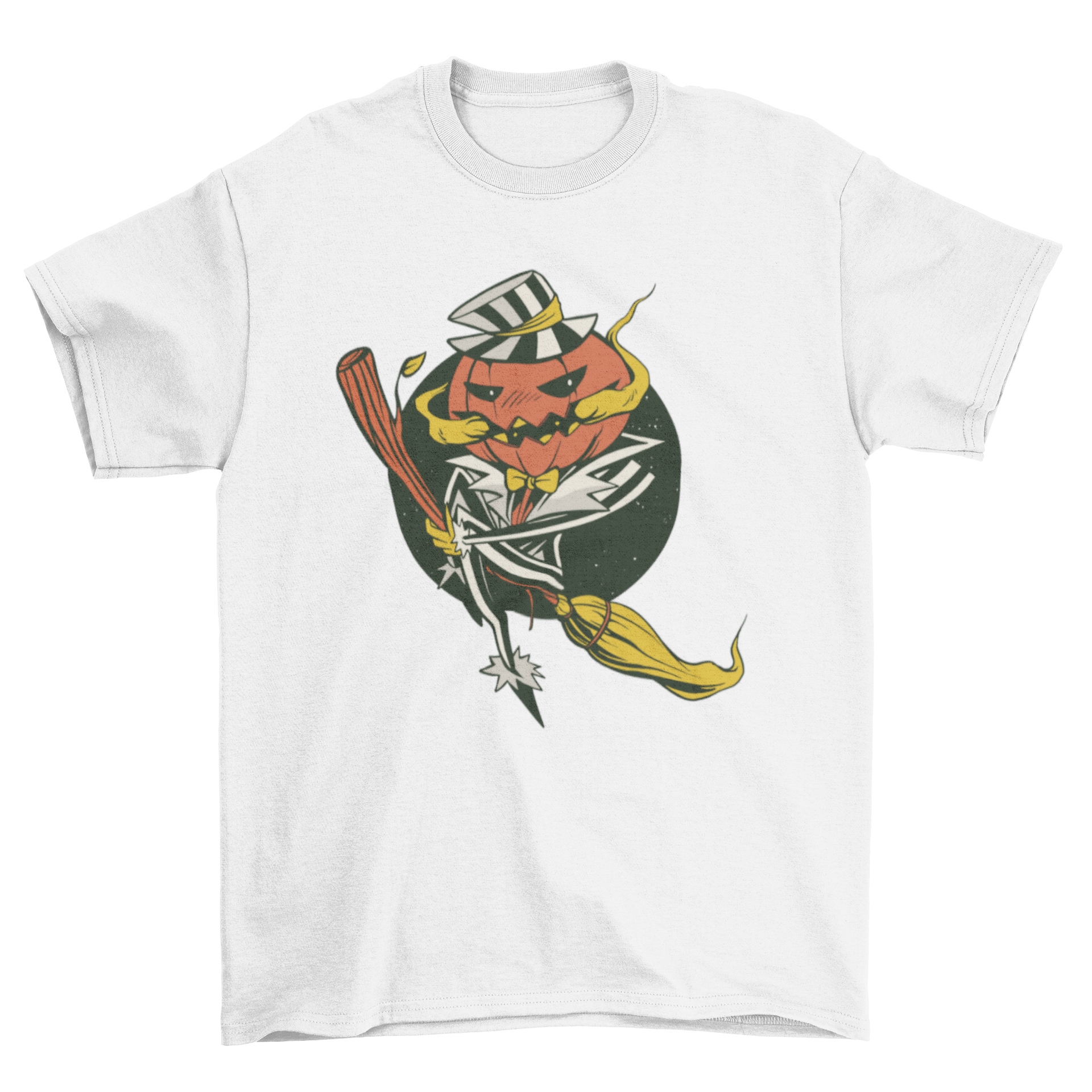 A Halloween-themed t-shirt featuring a pumpkin man riding a broom, perfect for spooky celebrations.