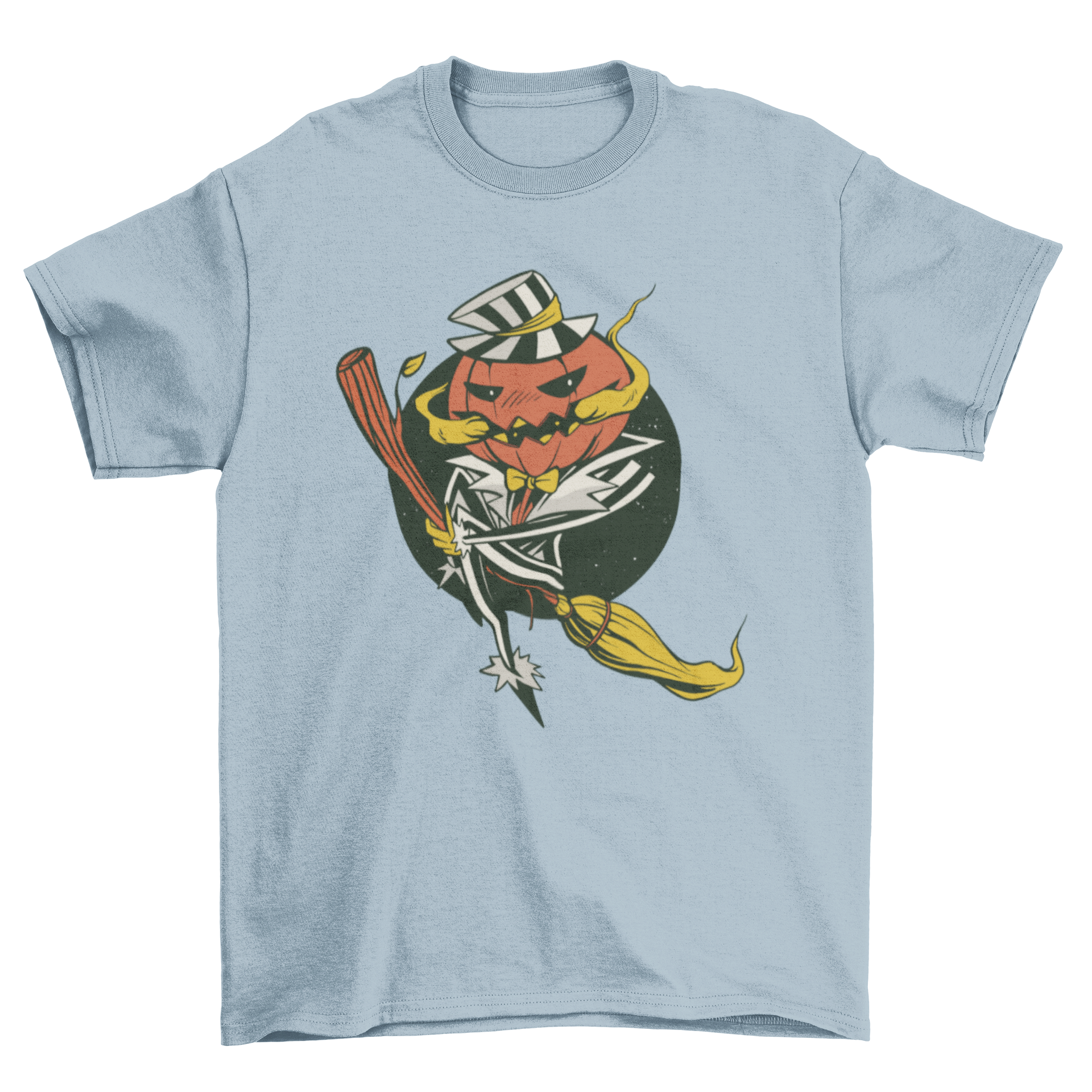 A Halloween-themed t-shirt featuring a pumpkin man riding a broom, perfect for spooky celebrations.