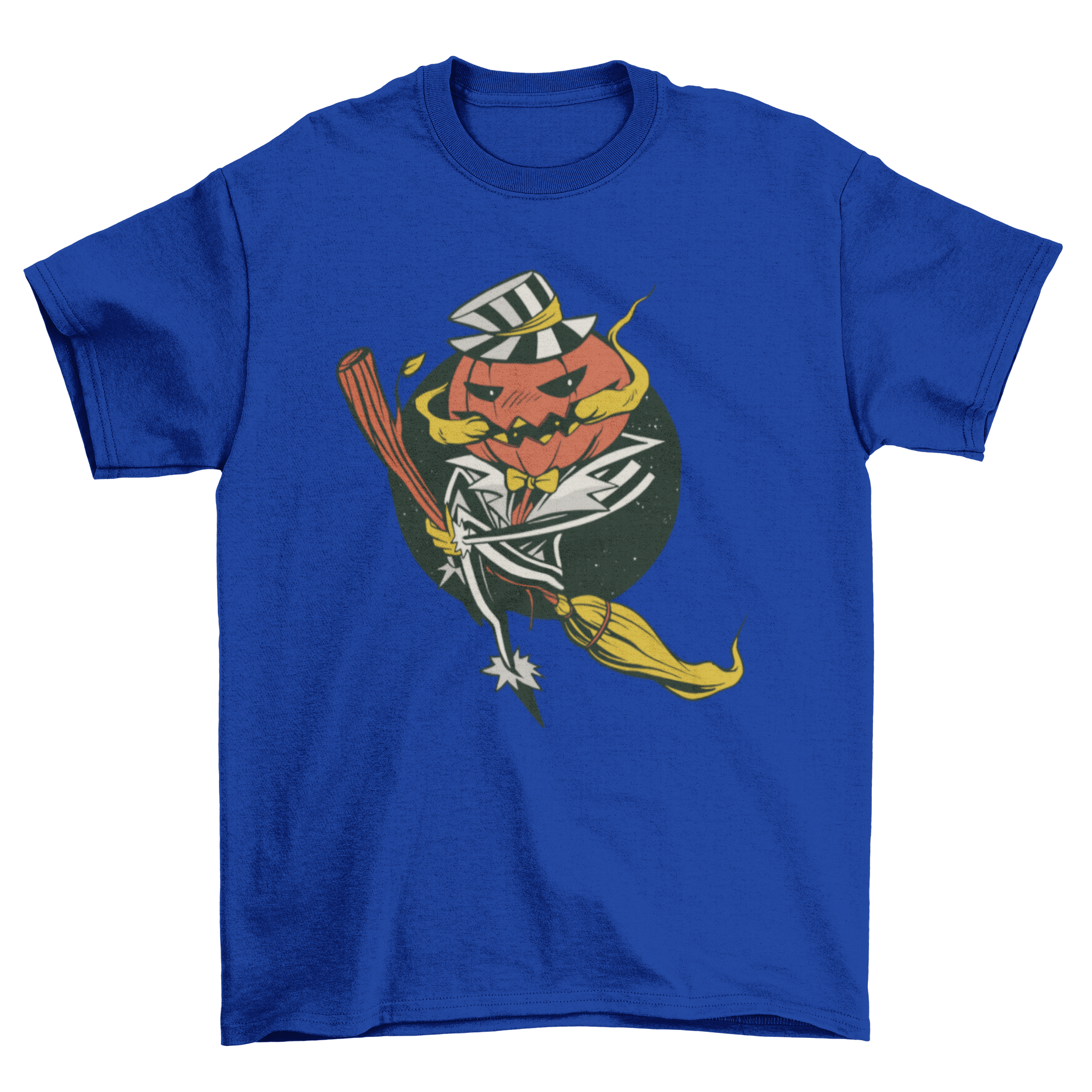 A Halloween-themed t-shirt featuring a pumpkin man riding a broom, perfect for spooky celebrations.