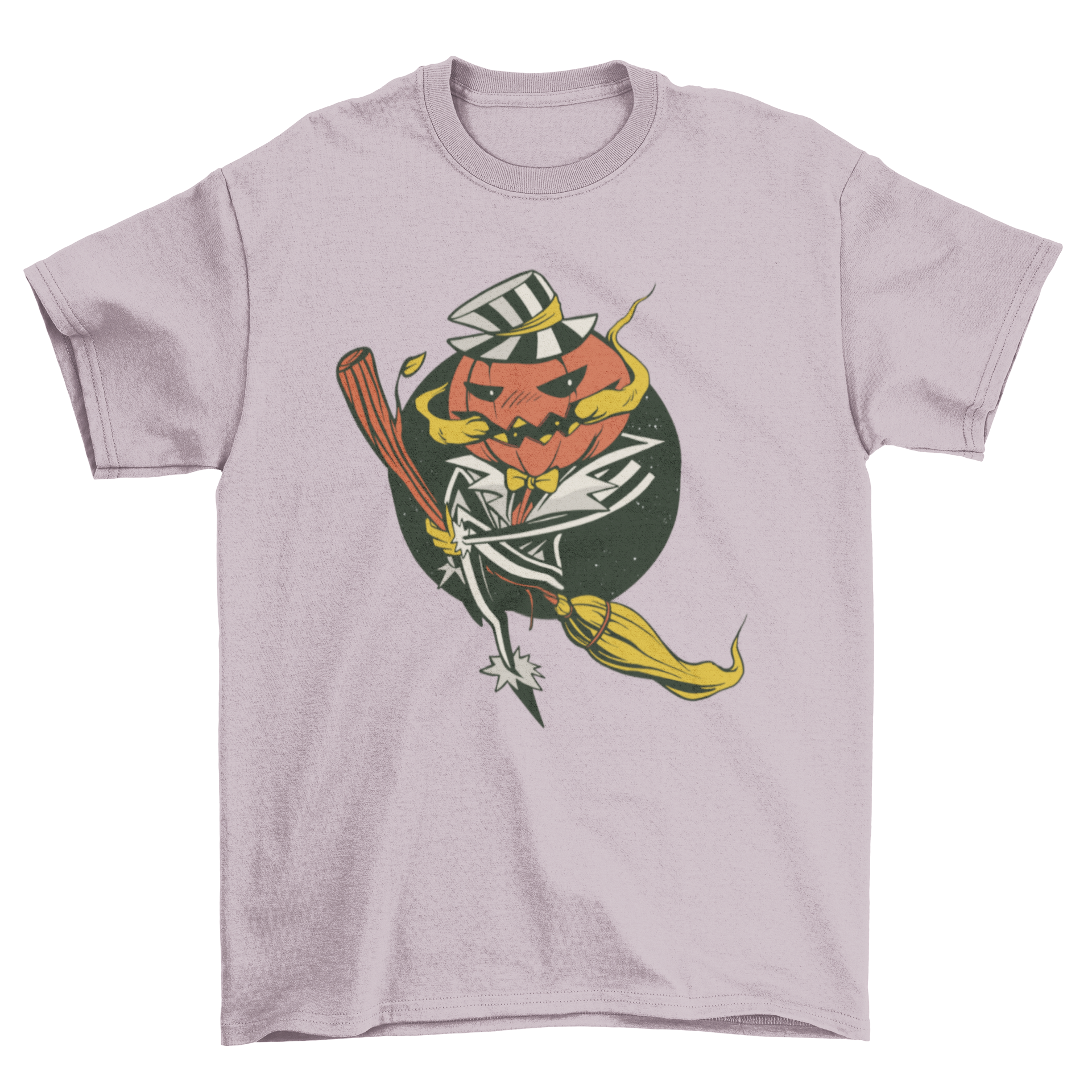 A Halloween-themed t-shirt featuring a pumpkin man riding a broom, perfect for spooky celebrations.