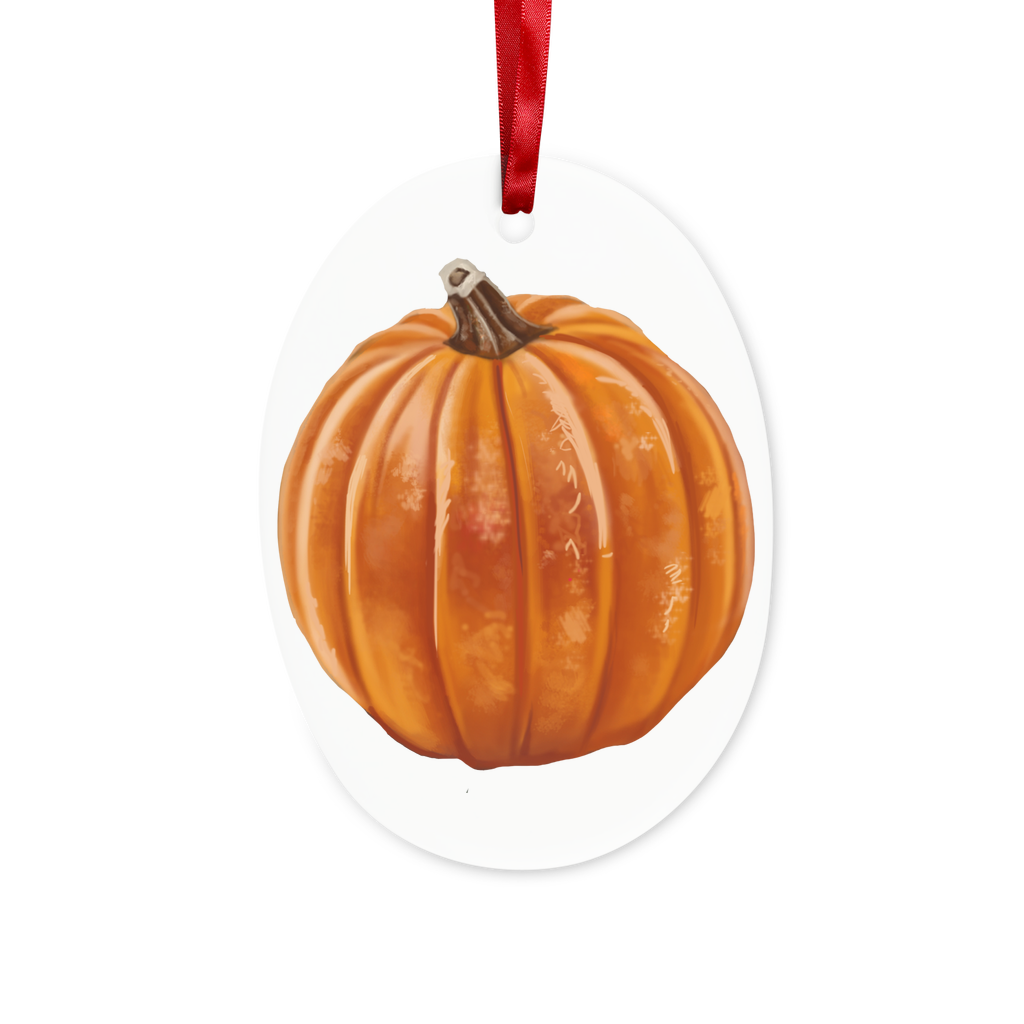 A charming pumpkin-shaped ceramic hanging ornament with a red ribbon and gold string, perfect for Christmas decoration.