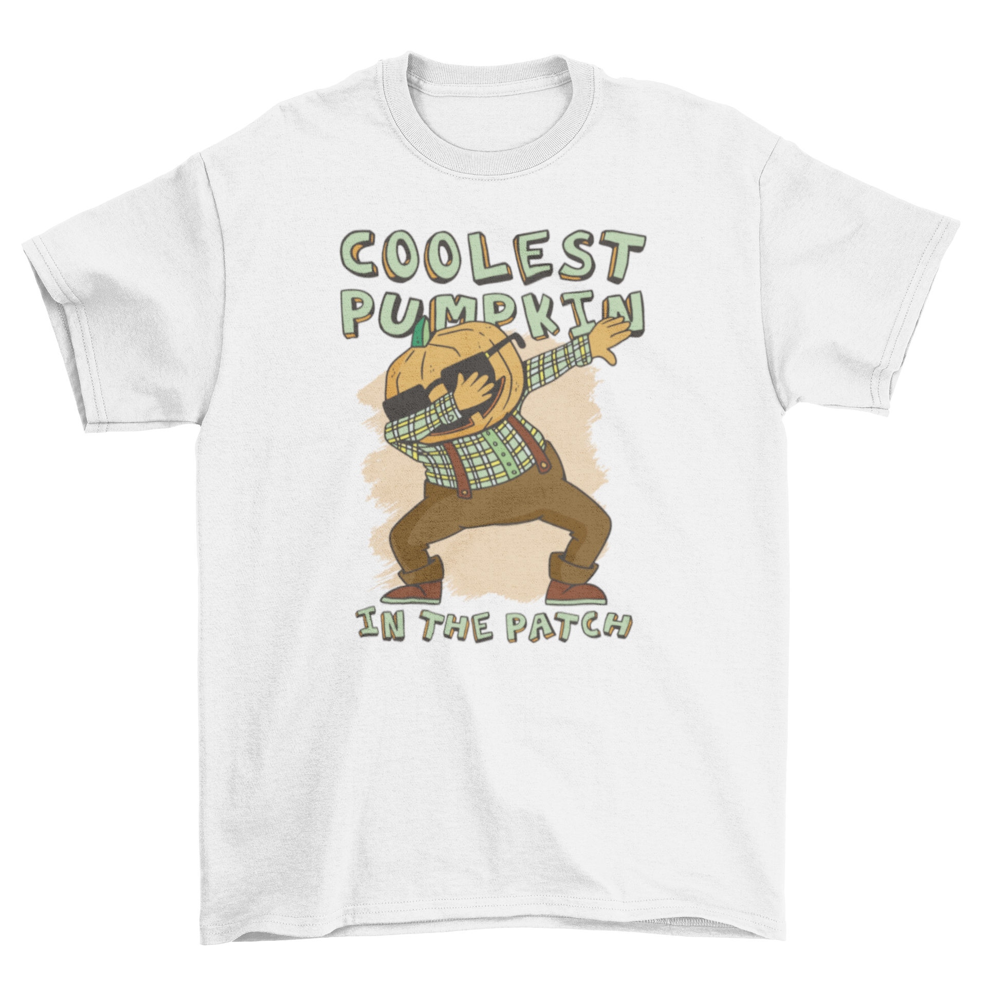 A fun cartoon t-shirt featuring a pumpkin dabbing with the quote 'Coolest pumpkin in the patch'.