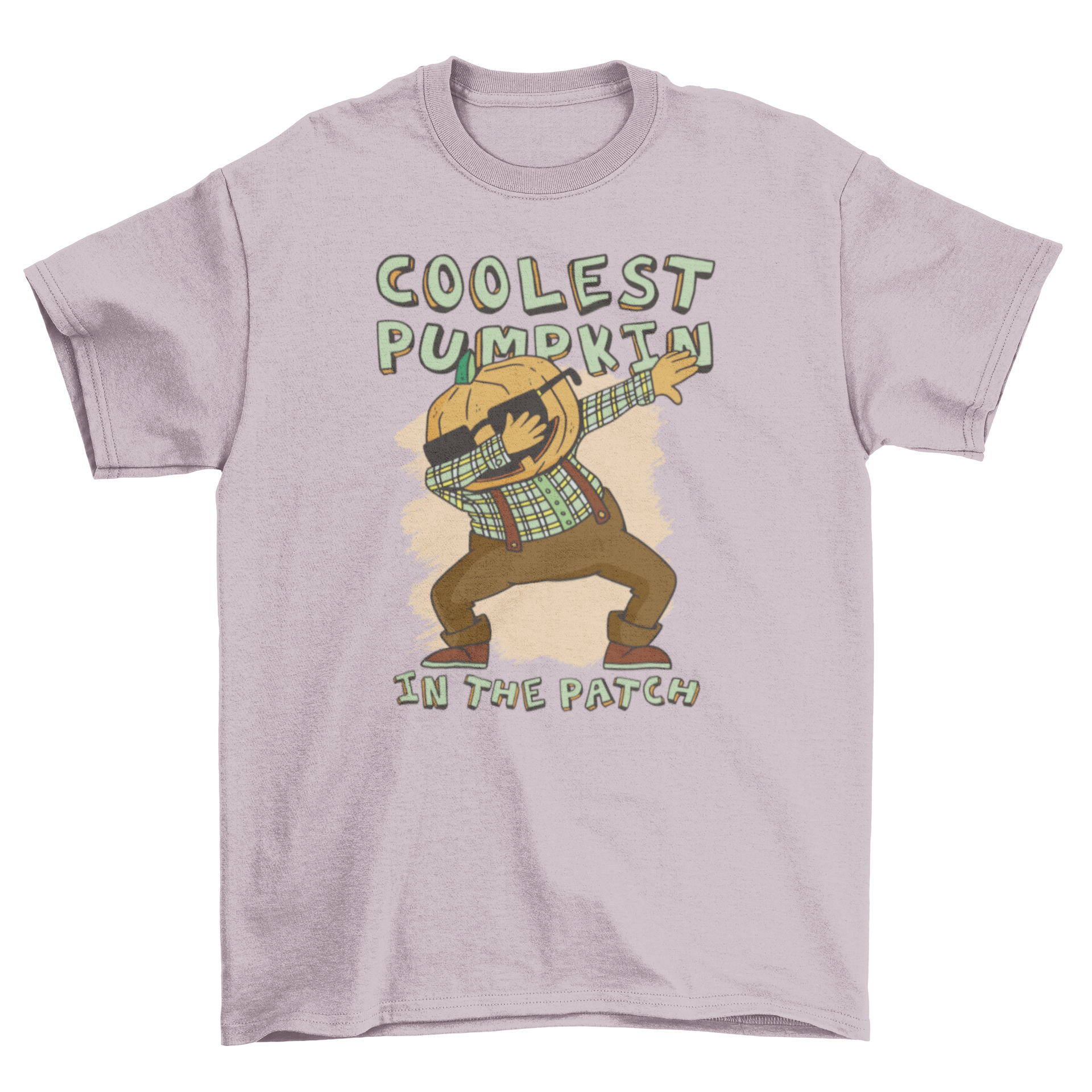 A fun cartoon t-shirt featuring a pumpkin dabbing with the quote 'Coolest pumpkin in the patch'.