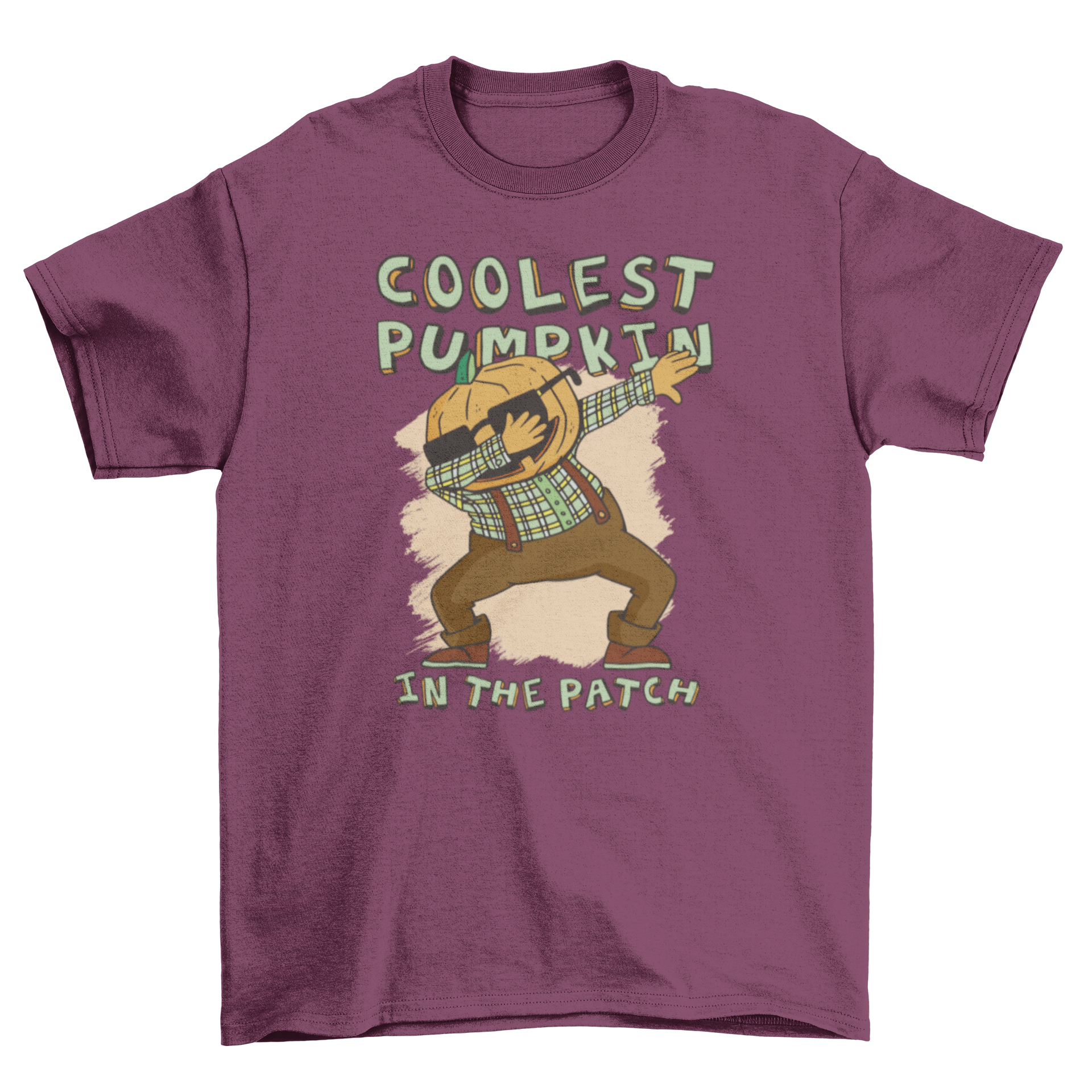 A fun cartoon t-shirt featuring a pumpkin dabbing with the quote 'Coolest pumpkin in the patch'.