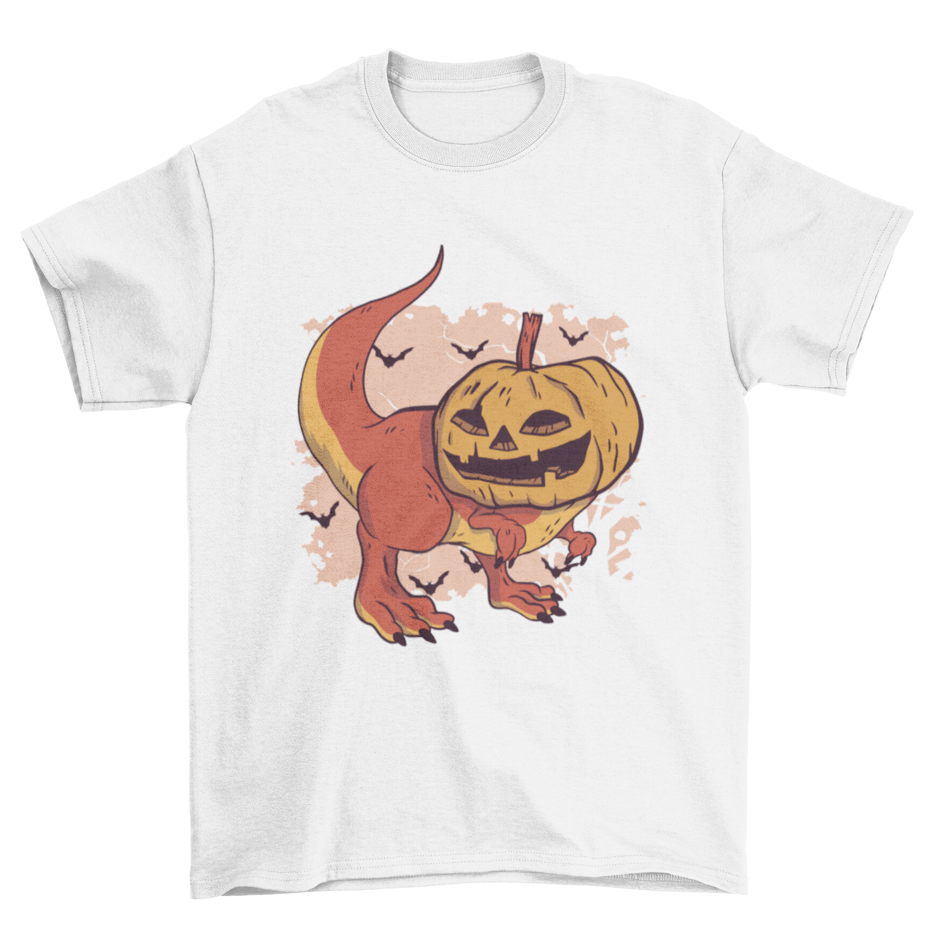 A playful Pumpkin Dinosaur T-shirt featuring a dinosaur with a carved pumpkin head, perfect for Halloween celebrations.