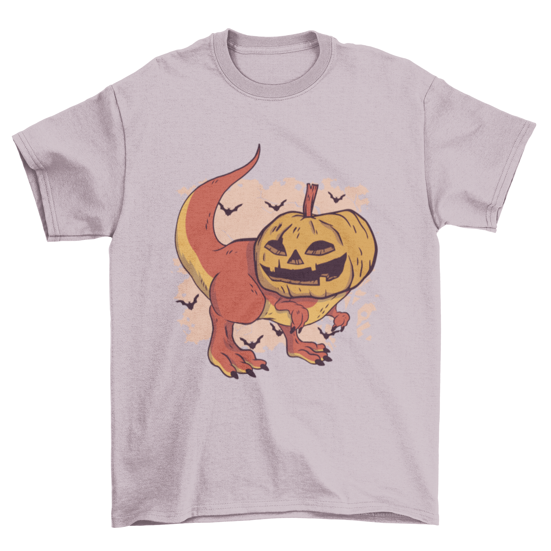 A playful Pumpkin Dinosaur T-shirt featuring a dinosaur with a carved pumpkin head, perfect for Halloween celebrations.