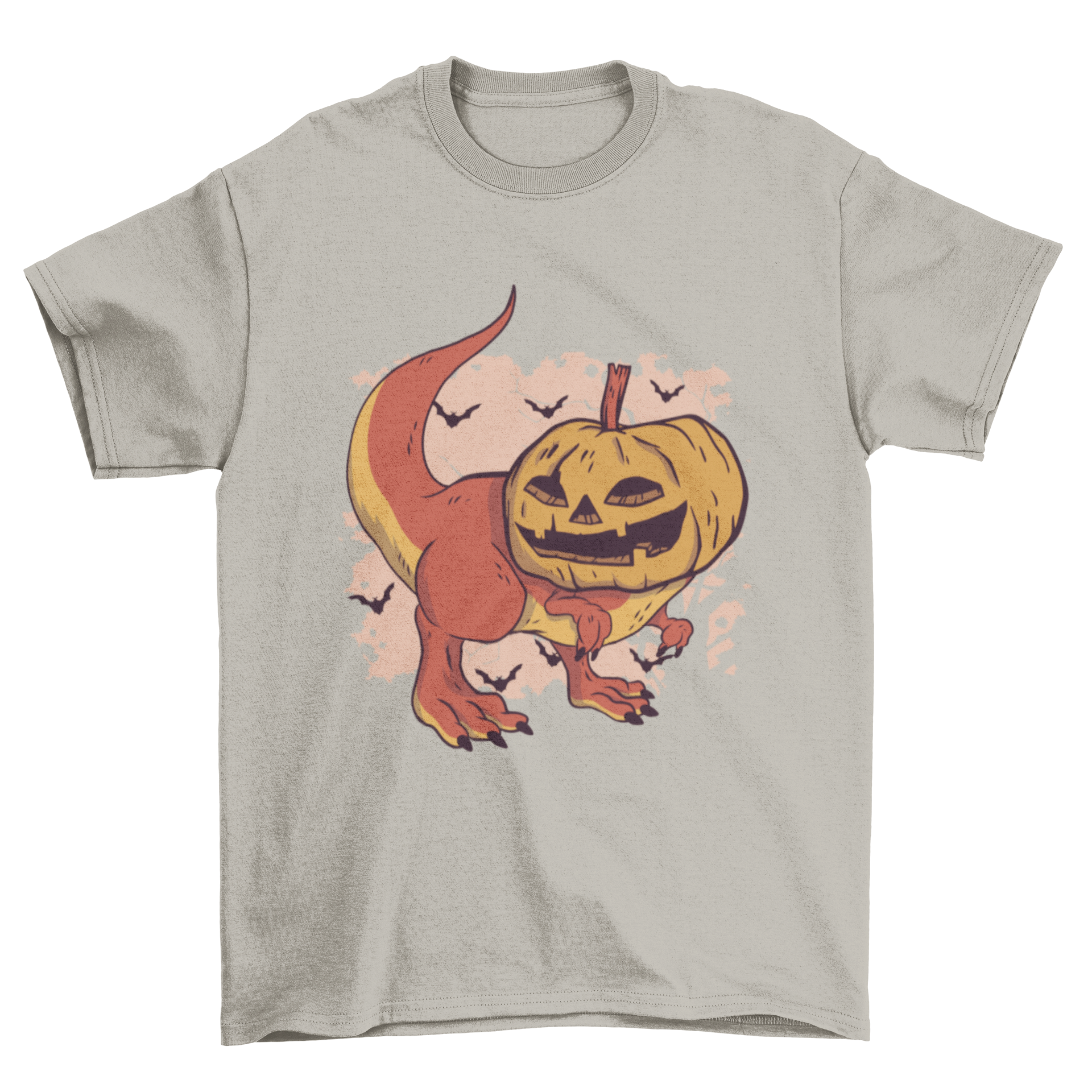 A playful Pumpkin Dinosaur T-shirt featuring a dinosaur with a carved pumpkin head, perfect for Halloween celebrations.