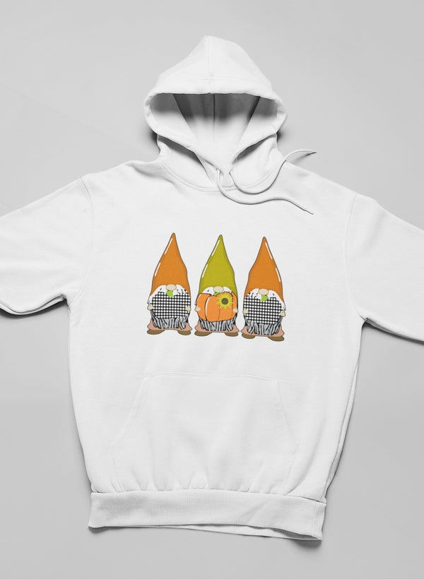 Cozy Pumpkin Gnomes Fall Hoodie featuring a whimsical design, adjustable hood, and banded cuffs, perfect for autumn wear.