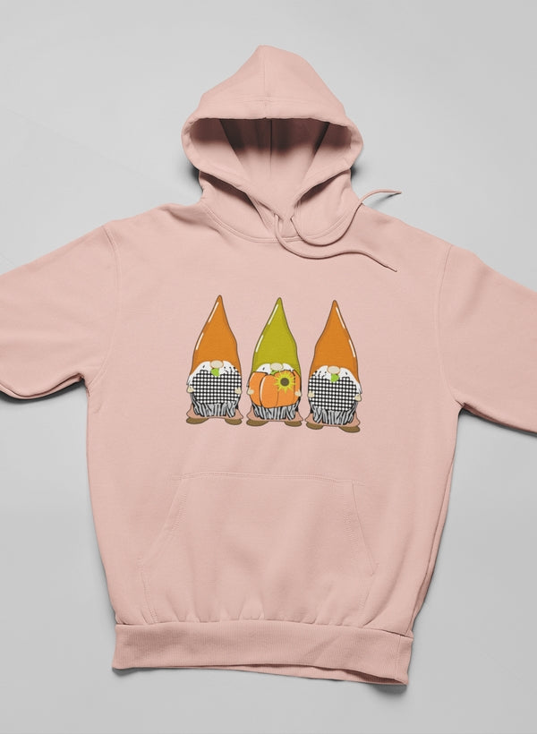 Cozy Pumpkin Gnomes Fall Hoodie featuring a whimsical design, adjustable hood, and banded cuffs, perfect for autumn wear.